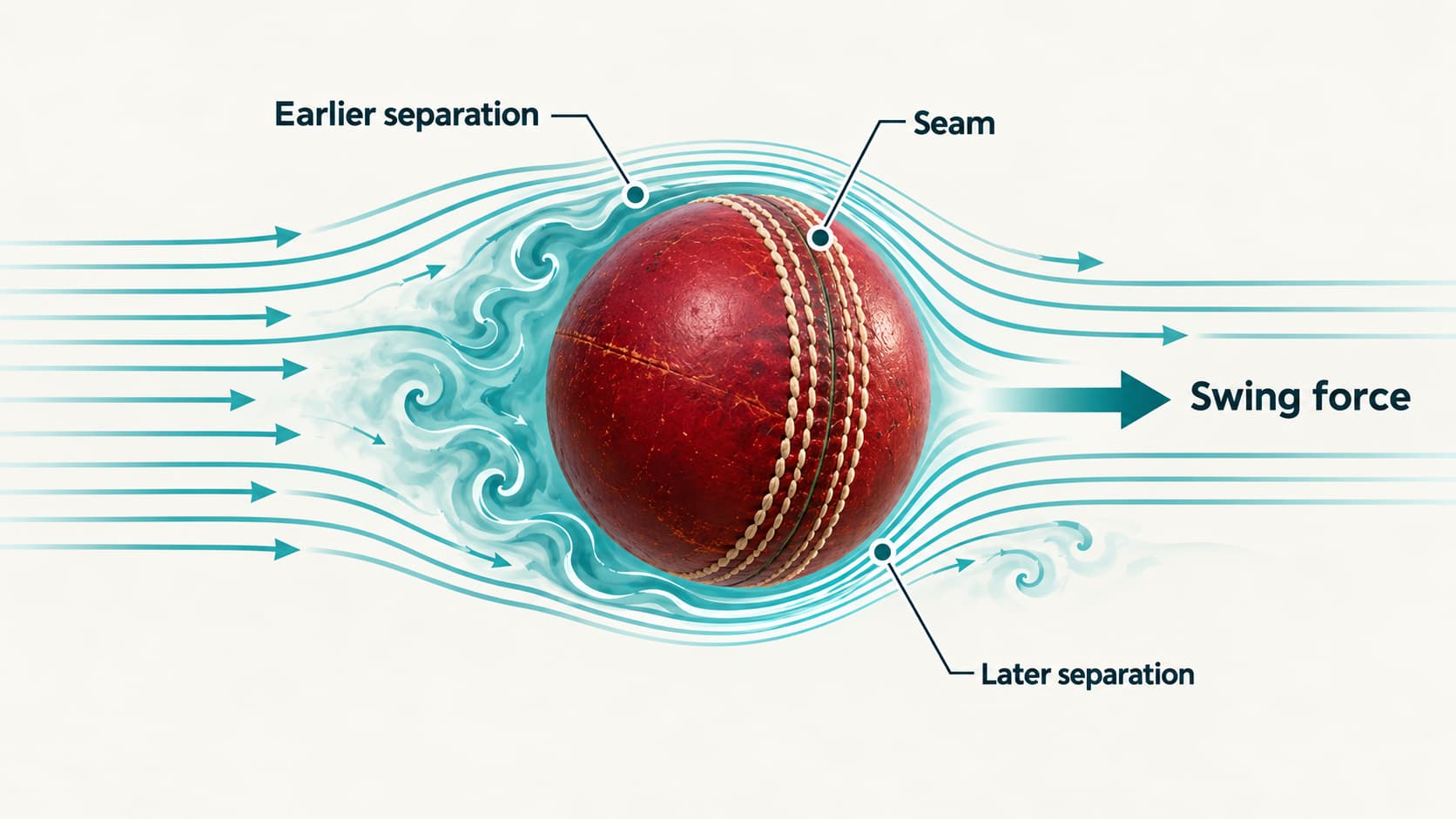 Conventional cricket-ball swing diagram showing different airflow separation points on seam and non-seam sides