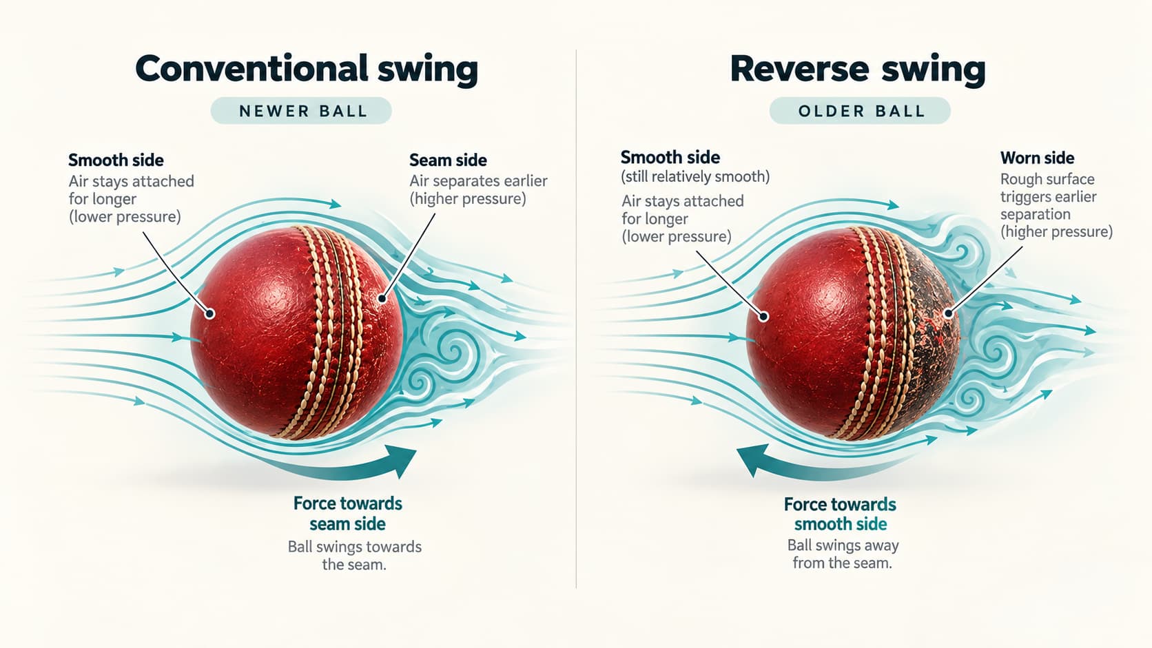 Comparison of conventional and reverse cricket-ball swing showing reversed airflow separation and force direction