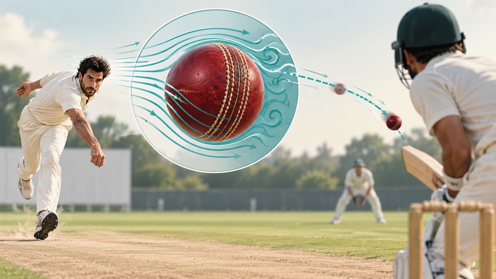 Cricket ball swinging through the air with angled seam and airflow shown around it