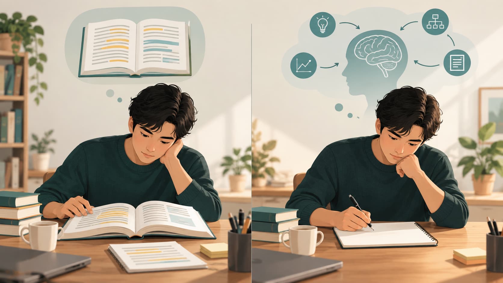 Student comparing repeated reading with recalling information from memory without looking at notes