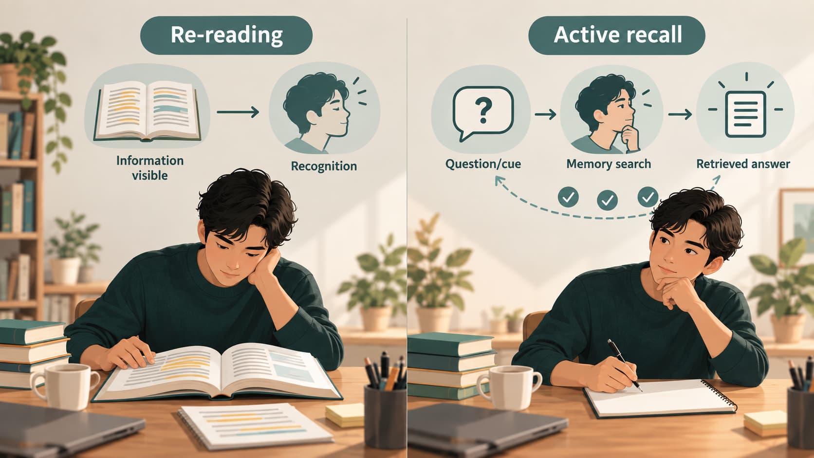 Conceptual diagram comparing recognition during re-reading with retrieving an answer from memory during active recall