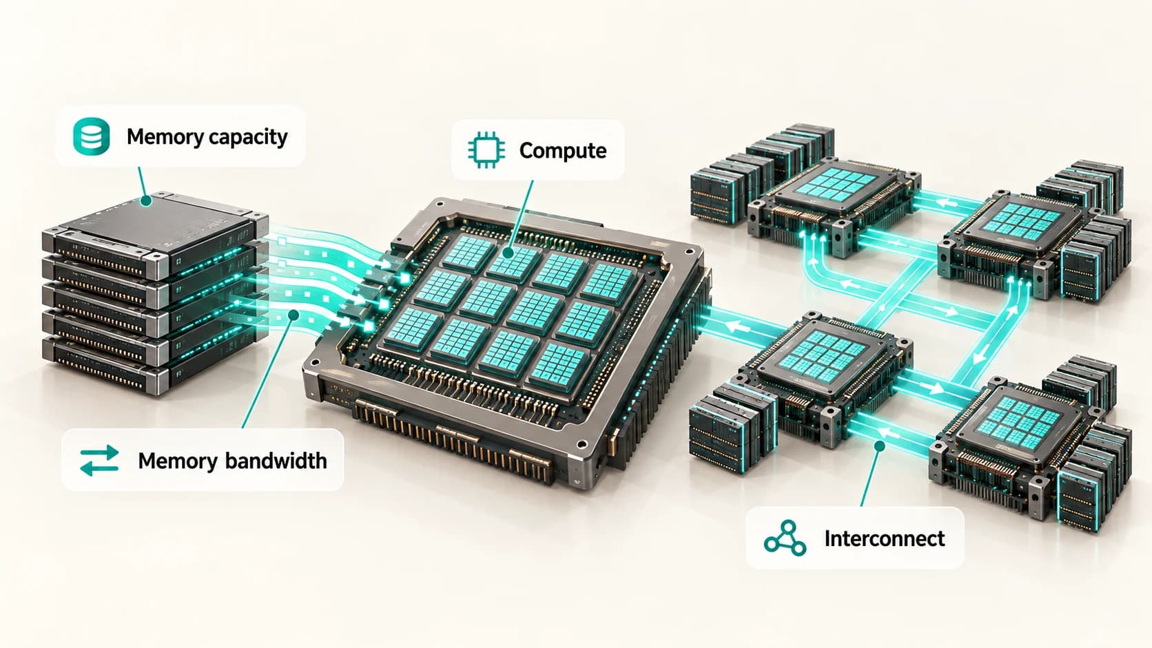 AI accelerator system showing parallel compute, high-bandwidth memory and fast connections between multiple processors
