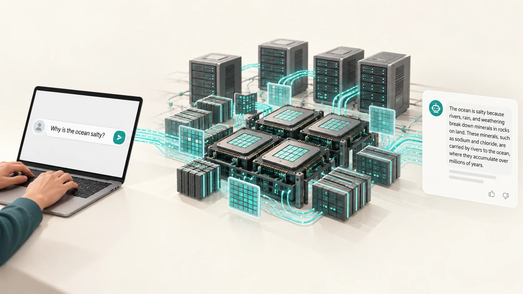 Simple AI prompt being processed by multiple accelerators, memory and computing systems before producing a response