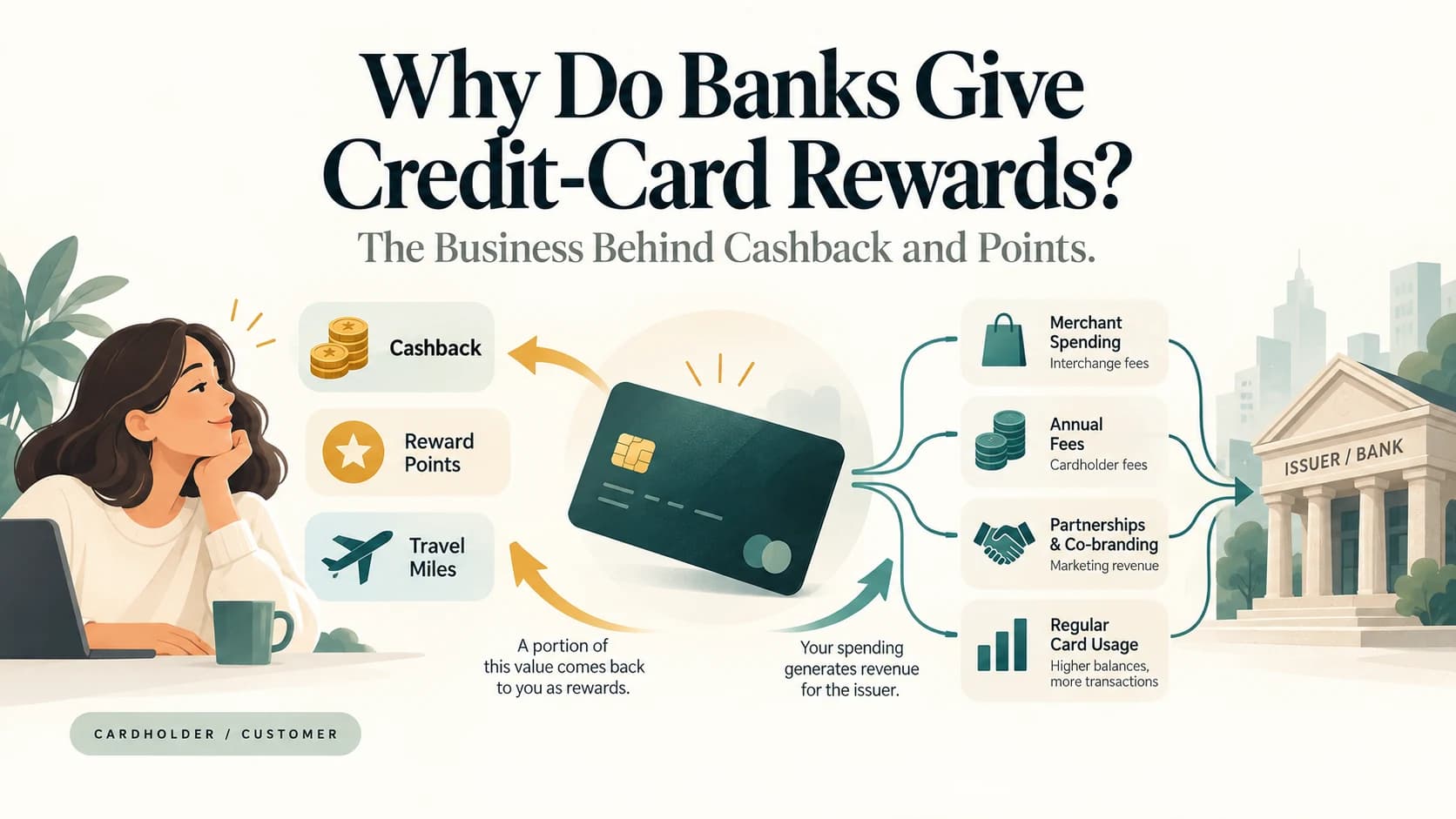 Illustration showing how card spending and issuer revenue help support credit-card cashback and reward points.