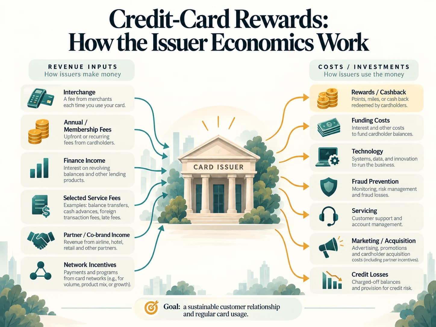 Diagram comparing common credit-card issuer revenue sources with costs such as rewards, funding, technology and credit losses.