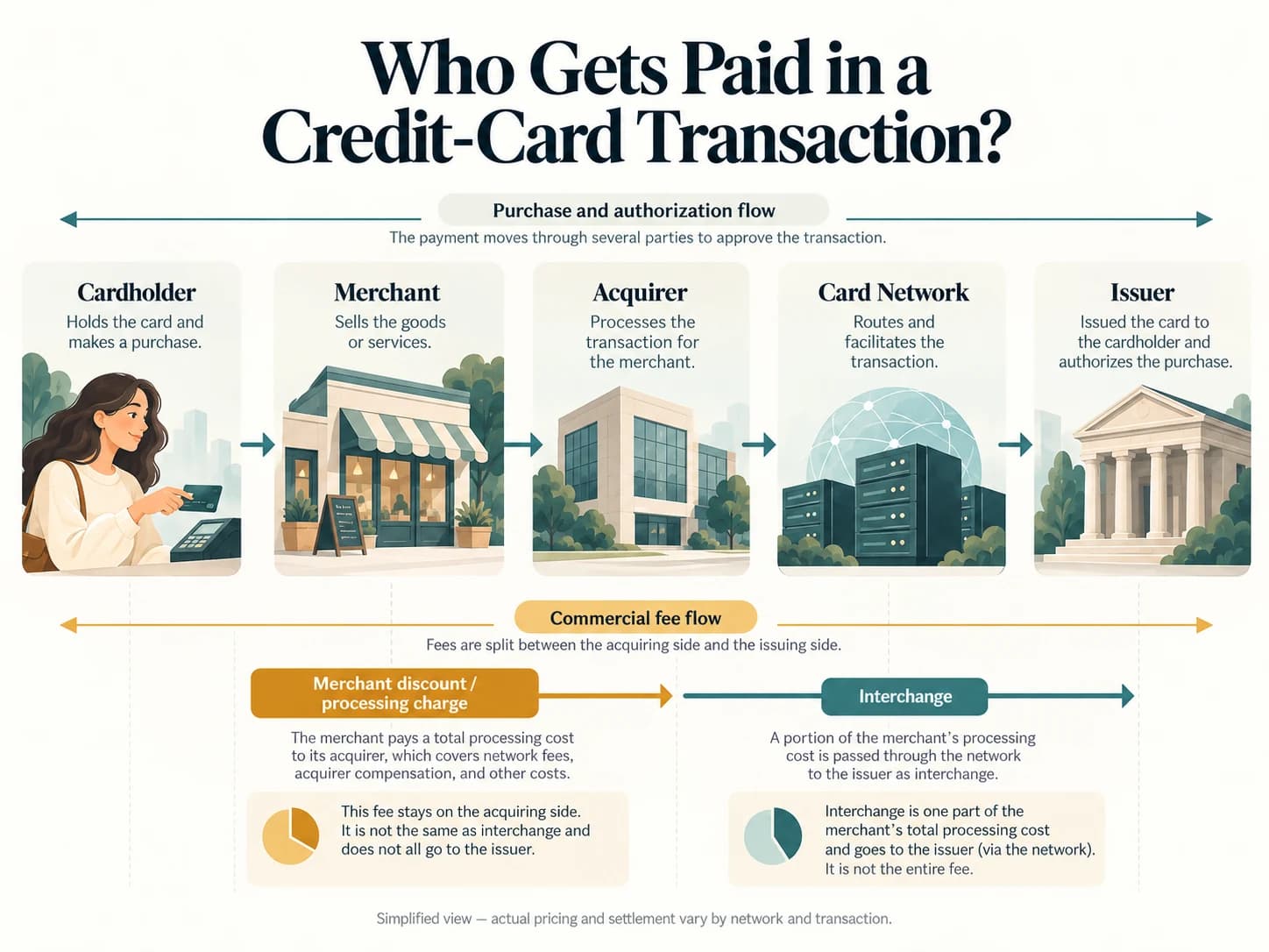 Diagram showing the relationship between cardholder, merchant, acquiring bank, card network and card issuer, including merchant fees and interchange.