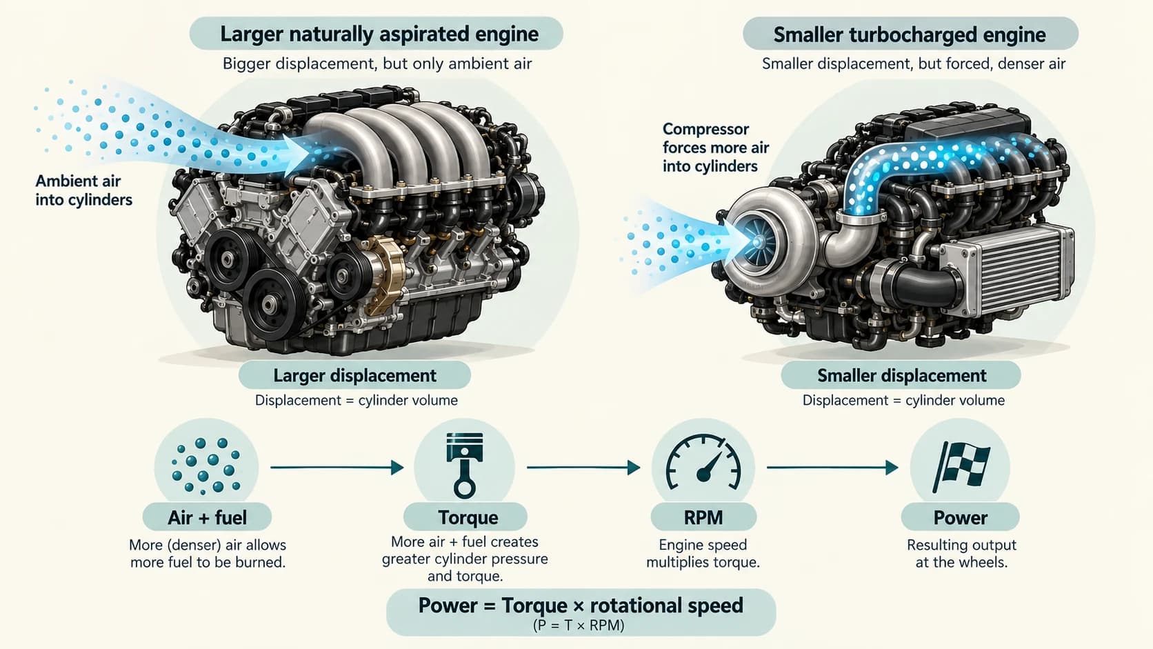 Comparison of a larger naturally aspirated engine and smaller turbocharged engine showing how airflow, torque and RPM affect power