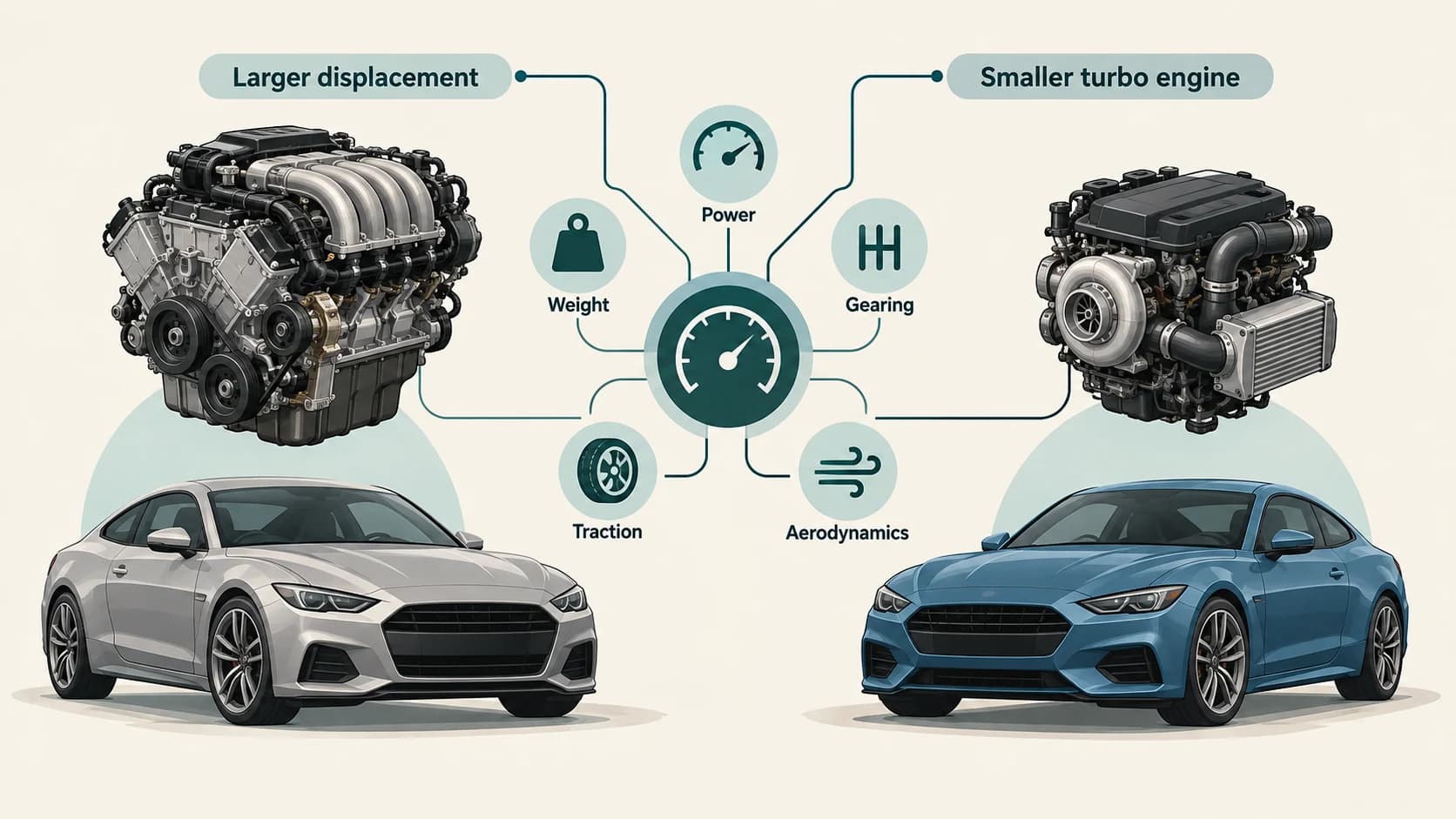 Large naturally aspirated engine and smaller turbocharged engine feeding into vehicle performance factors including power, weight and gearing