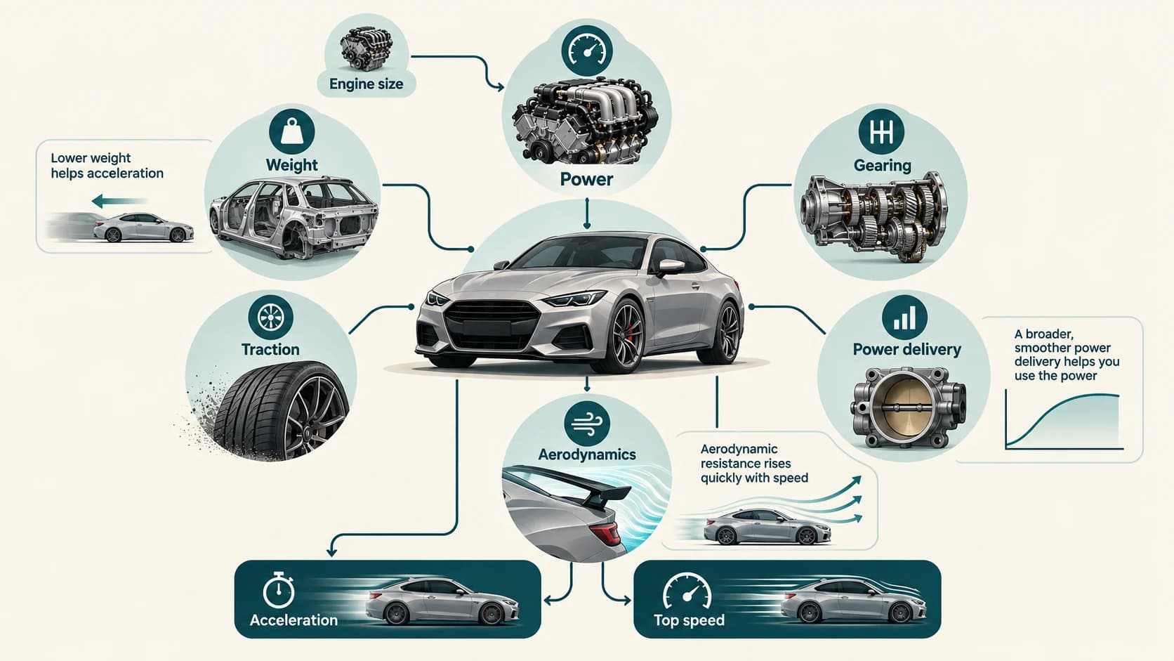 Vehicle performance diagram showing power, weight, transmission gearing, traction and aerodynamics determining acceleration and top speed