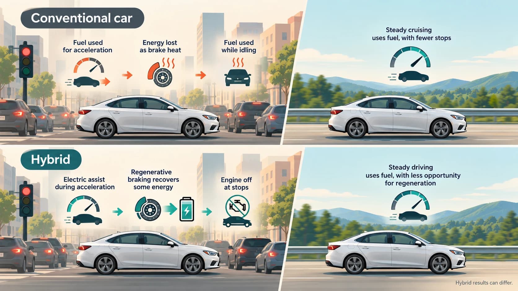 Comparison of conventional and hybrid vehicle energy use in city and highway driving