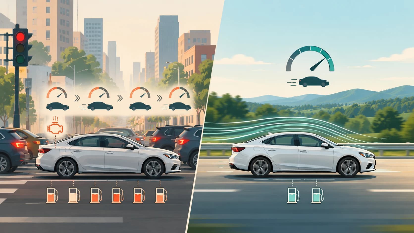 Same car in stop-and-go city traffic and steady highway driving showing different patterns of fuel use