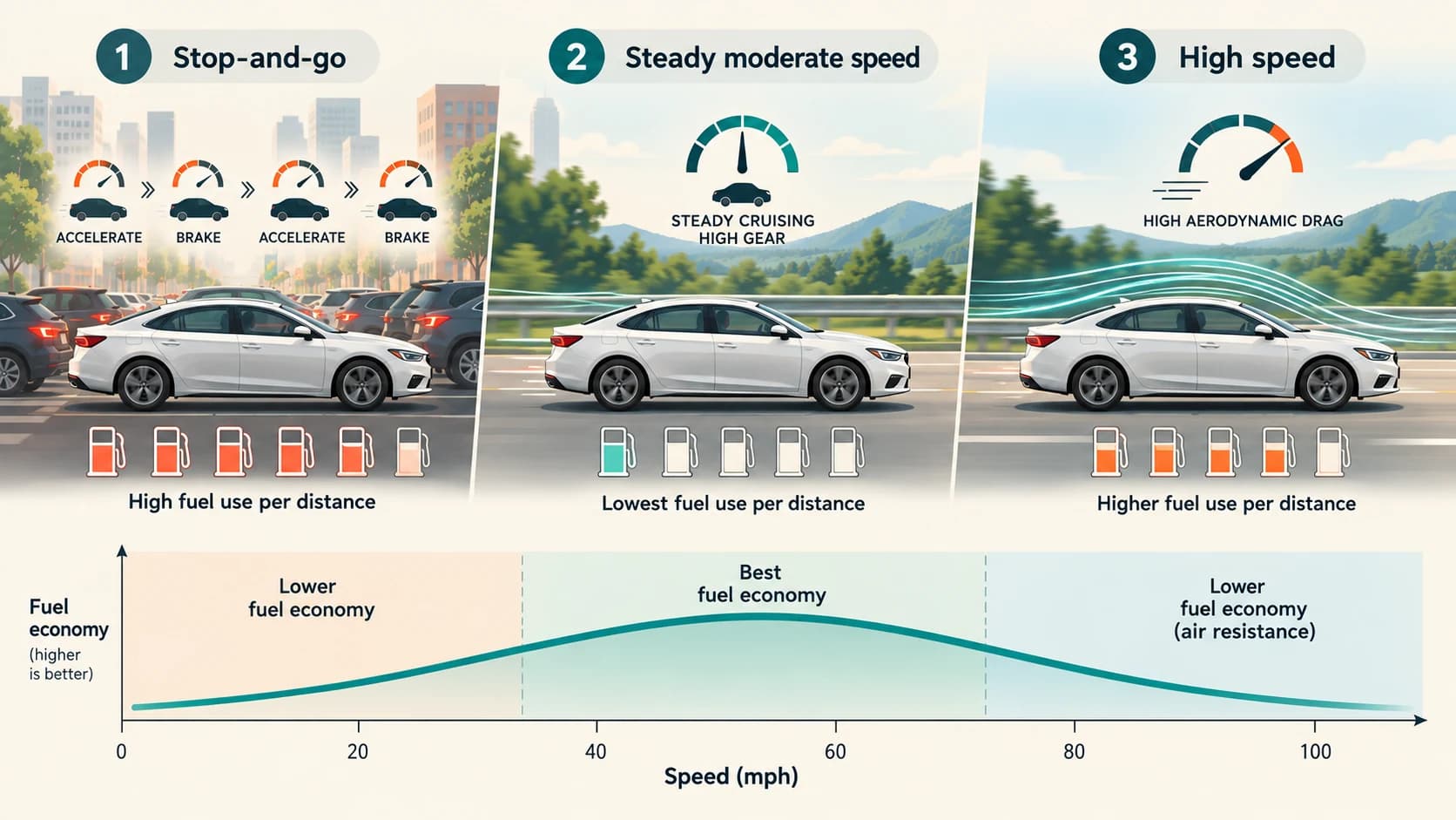Fuel economy diagram showing poor efficiency in stop-and-go traffic, better efficiency at moderate cruising speed and declining efficiency at high speed