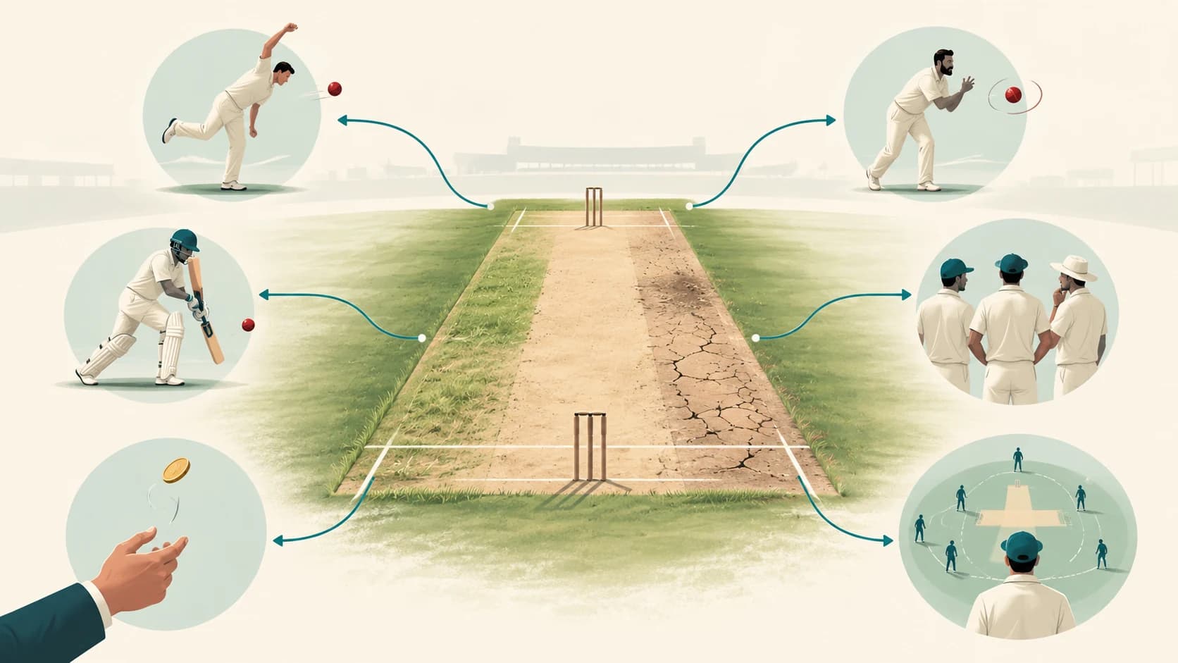 Cricket pitch connected to batting, pace bowling, spin bowling, team selection, toss and field-setting decisions