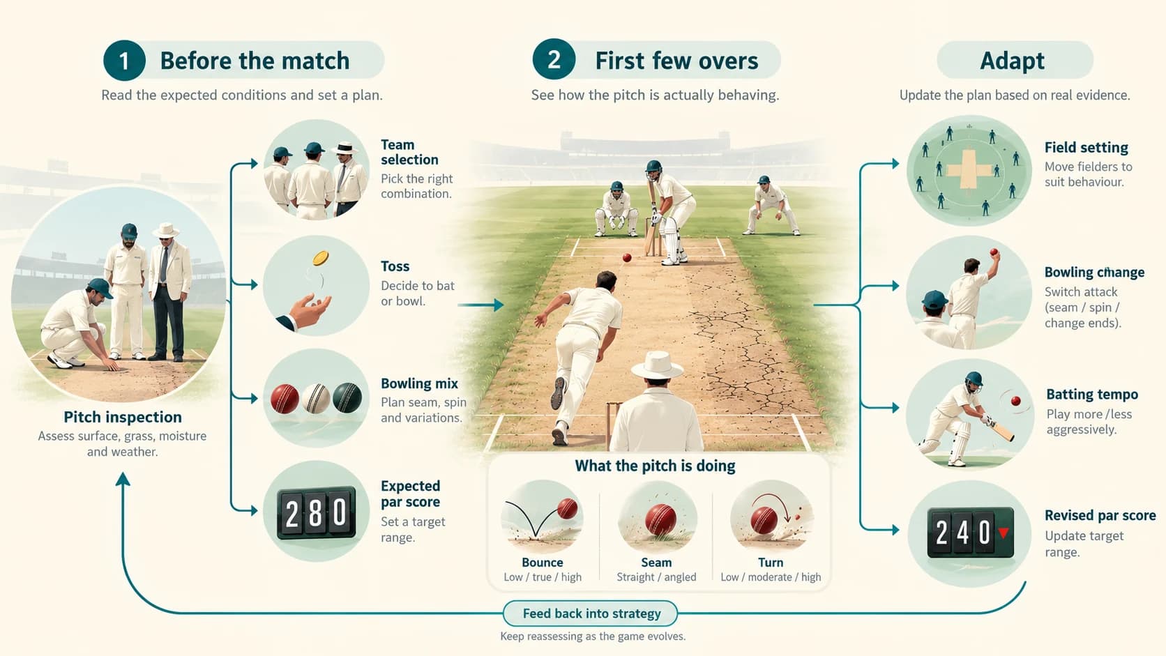 Cricket strategy changing from pre-match pitch assessment to live adaptation after the first overs reveal actual bounce, seam and spin