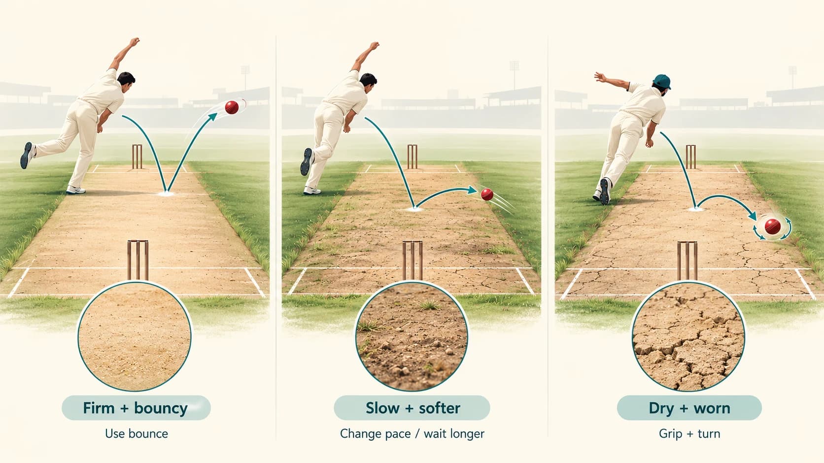 Same cricket ball behaving differently on firm bouncy, slow soft and dry worn pitches