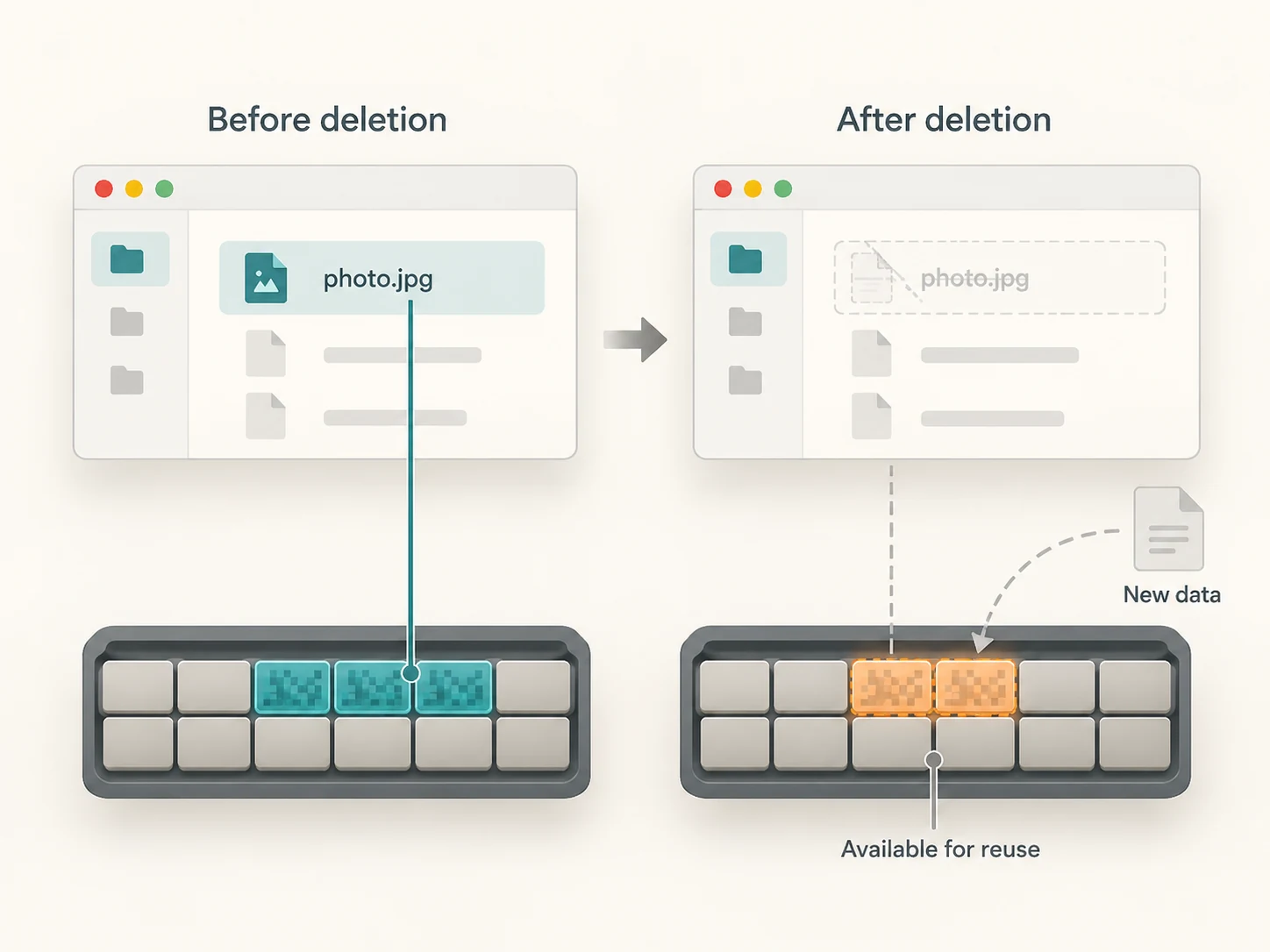 Diagram comparing a file before deletion with storage blocks marked free after deletion