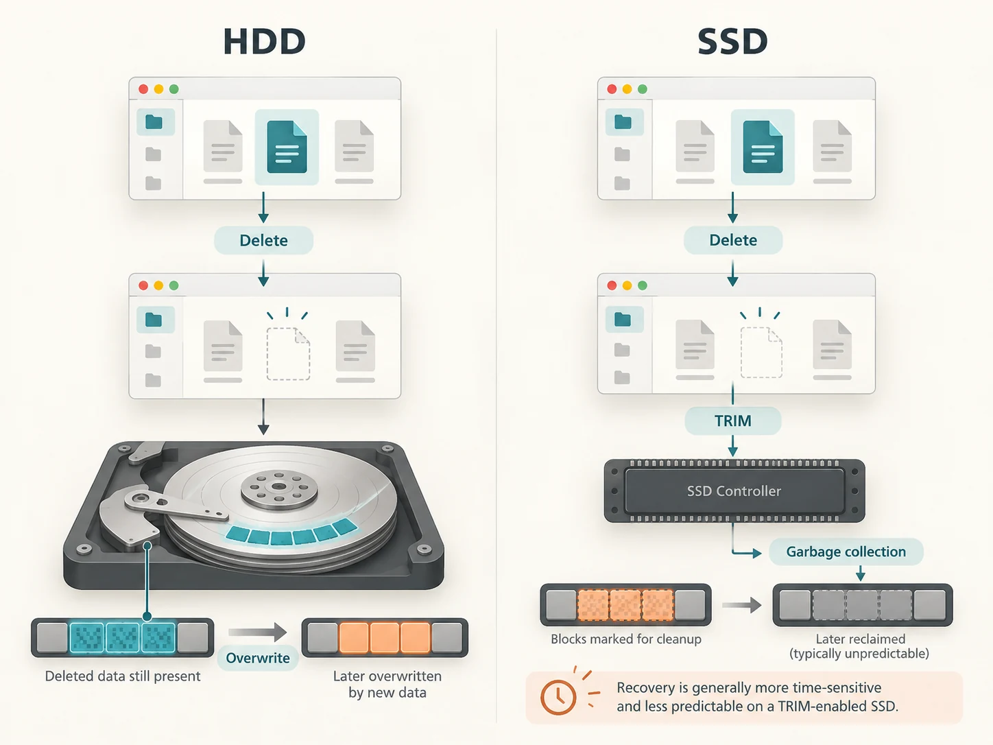 Comparison of deleted file recovery on a hard disk versus a TRIM-enabled solid-state drive