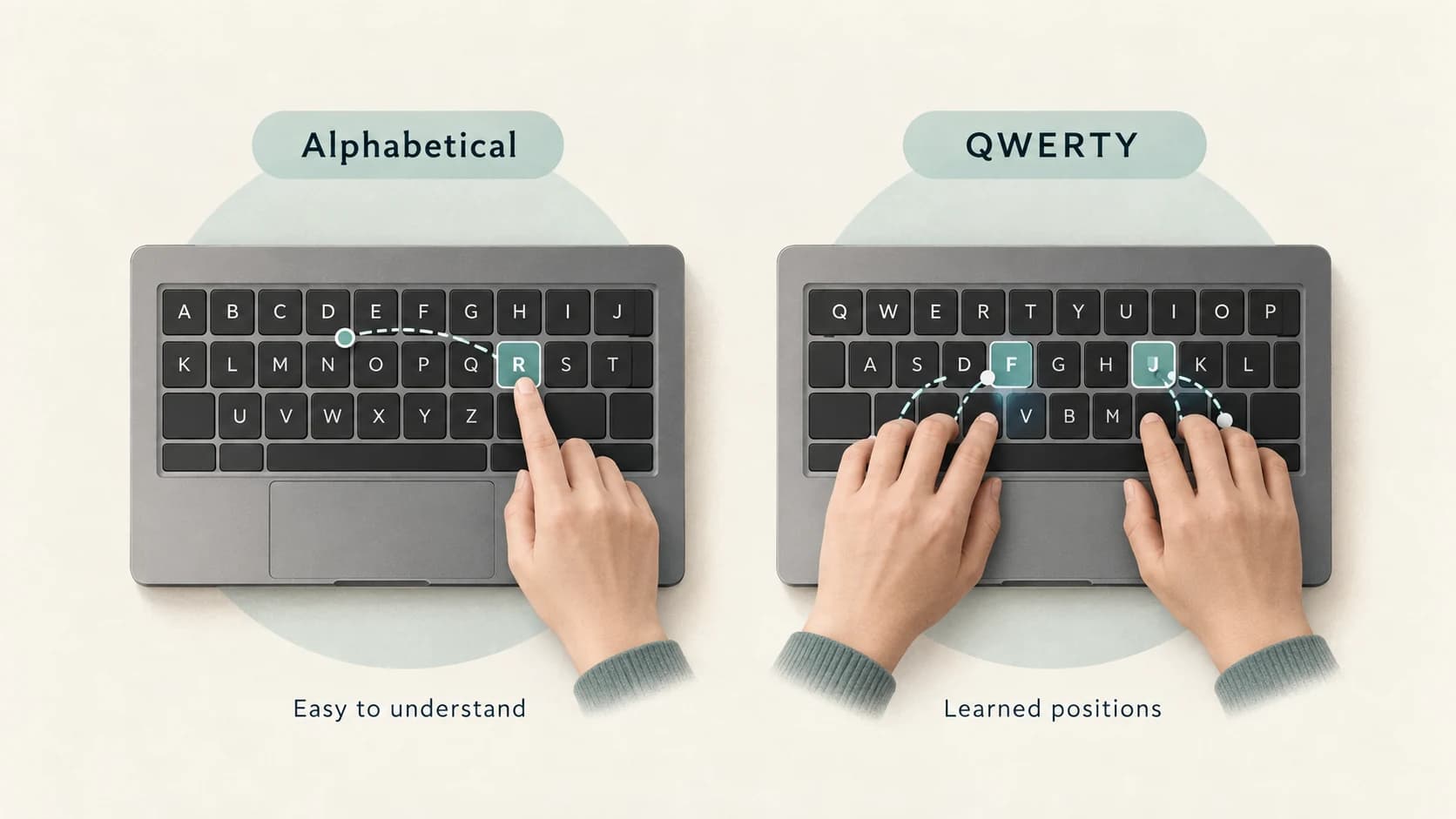 Comparison between an alphabetical keyboard and QWERTY showing visual letter search versus learned touch-typing positions