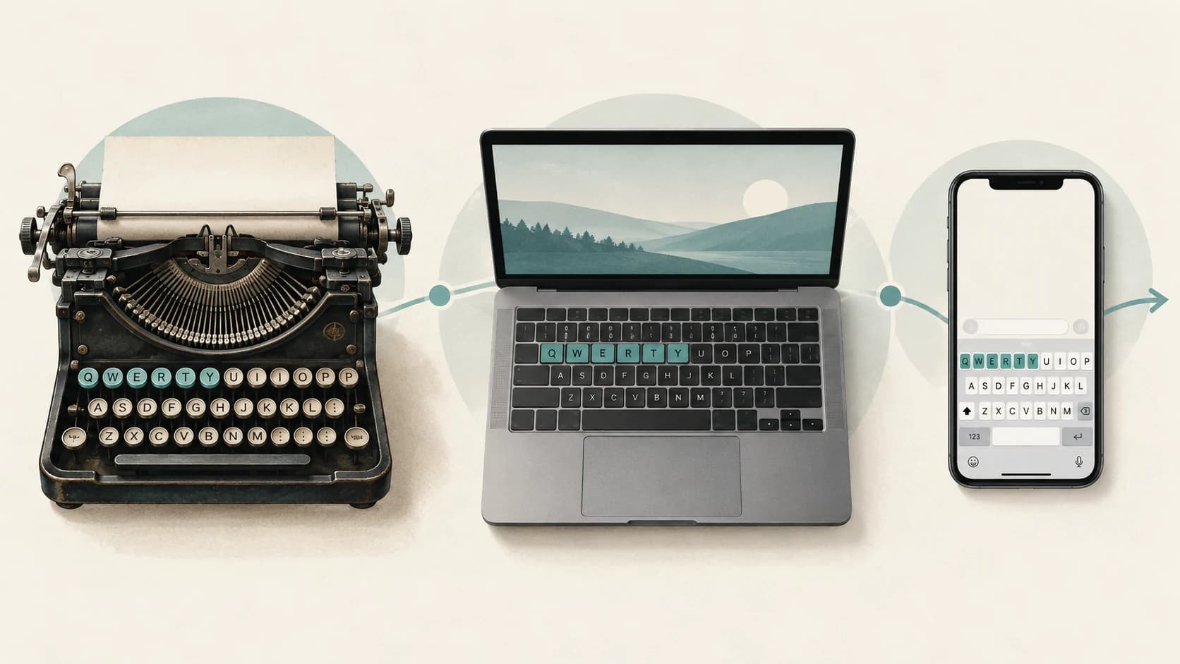 Mechanical typewriter, modern laptop and smartphone connected by the same QWERTY keyboard layout