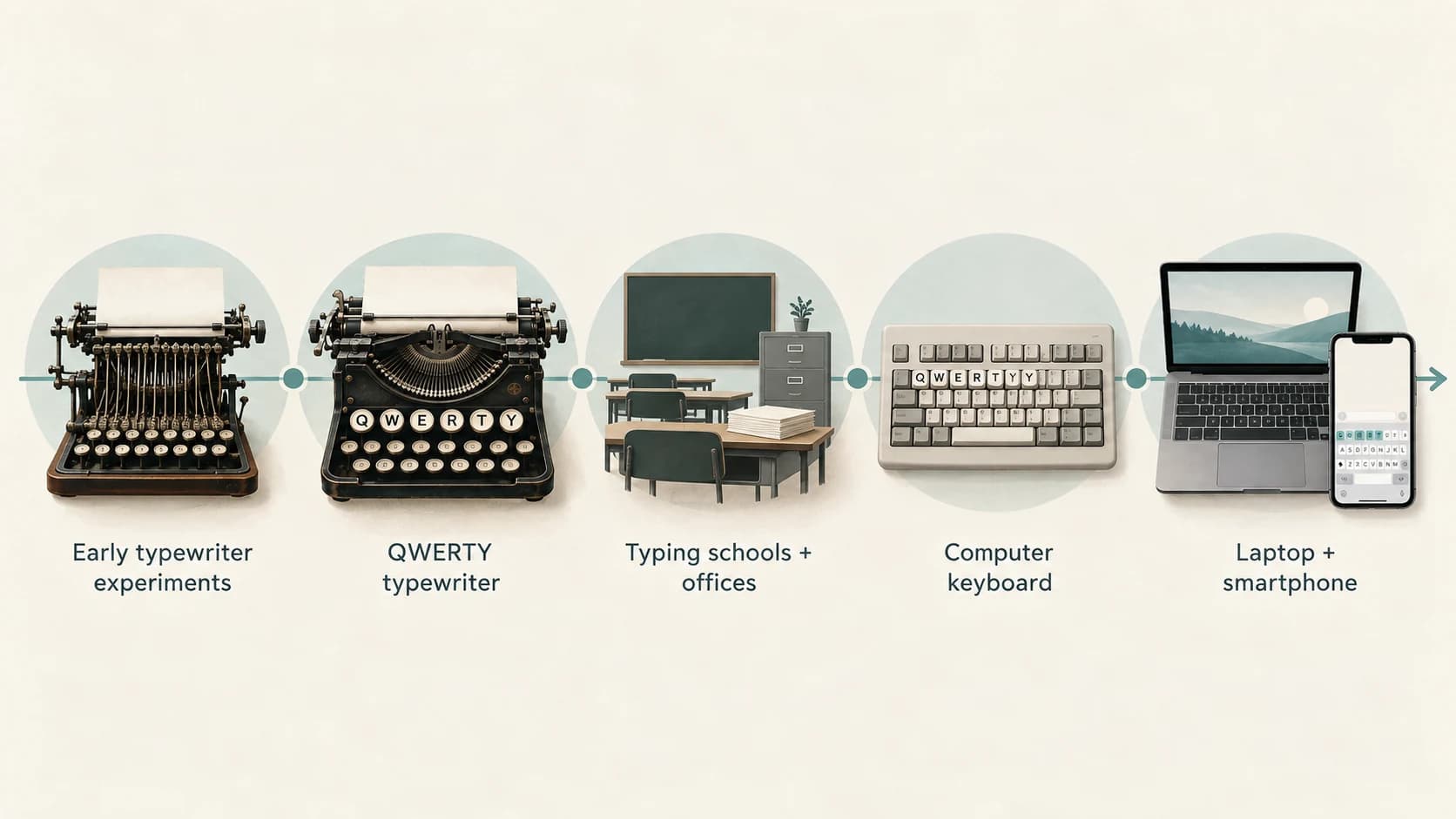 Timeline showing QWERTY evolving from early mechanical typewriters through office typing to computers and smartphones