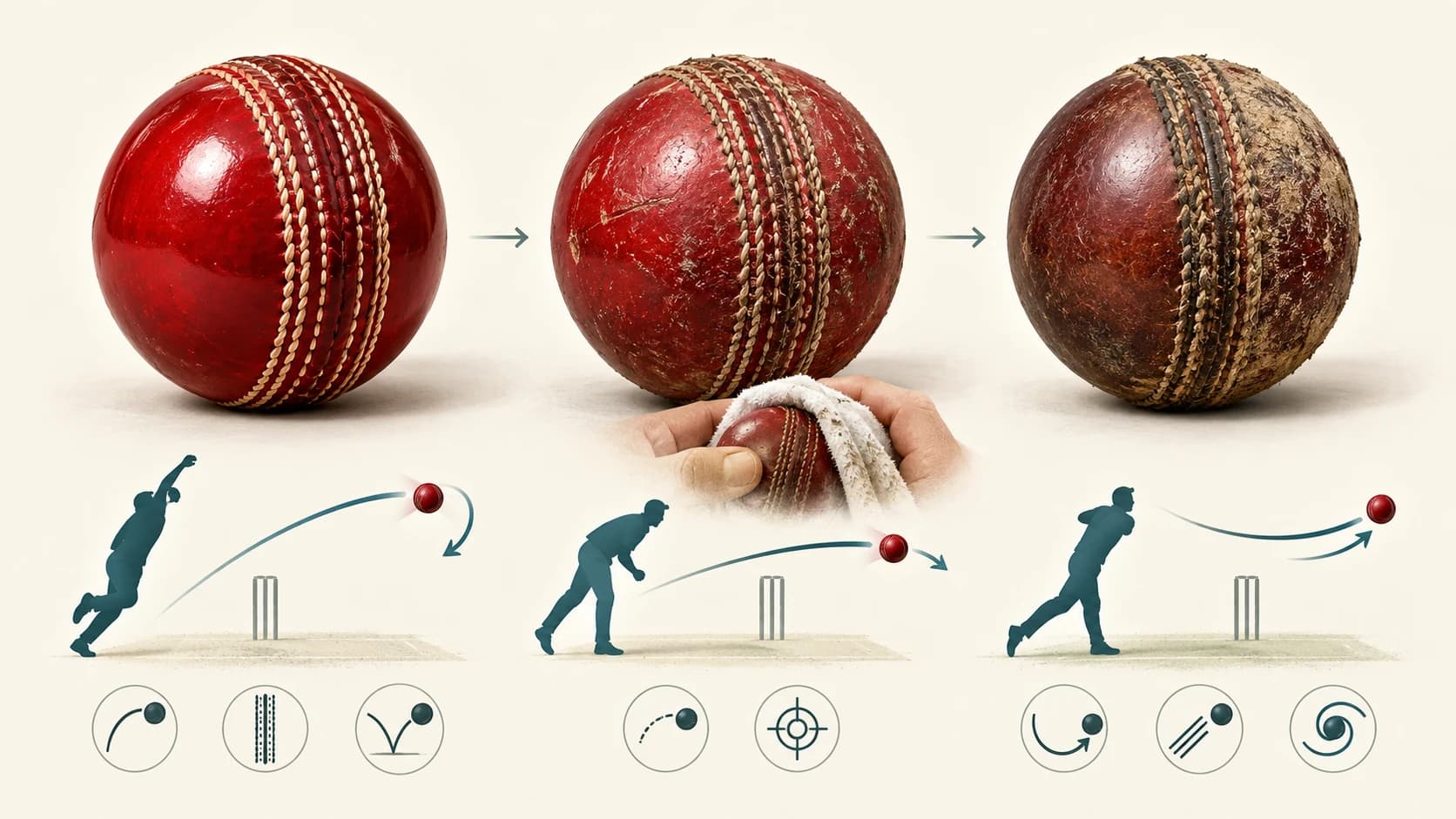 New, used and old red cricket balls showing changing shine, roughness and seam condition across an innings