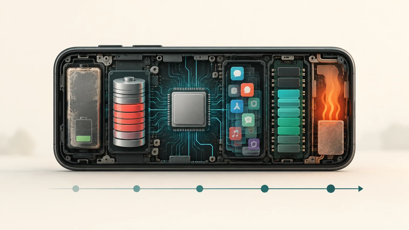 Smartphone processor remaining the same while battery ageing, full storage, apps, memory pressure and heat increase around it