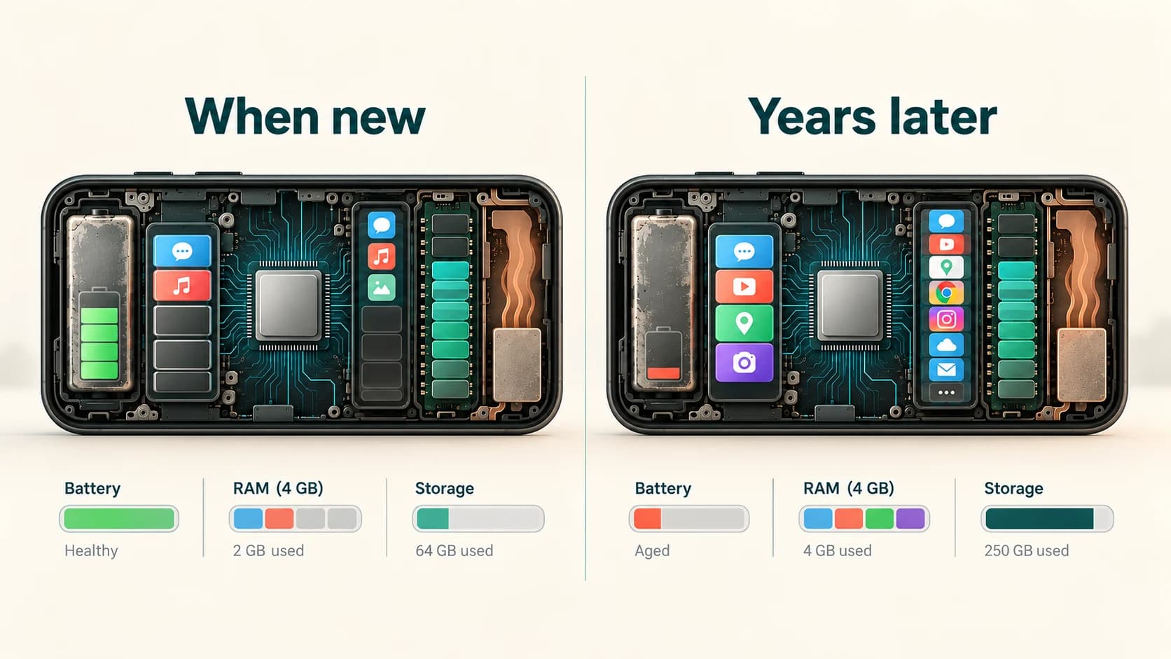 Same smartphone hardware when new and years later, with modern apps using more RAM and storage