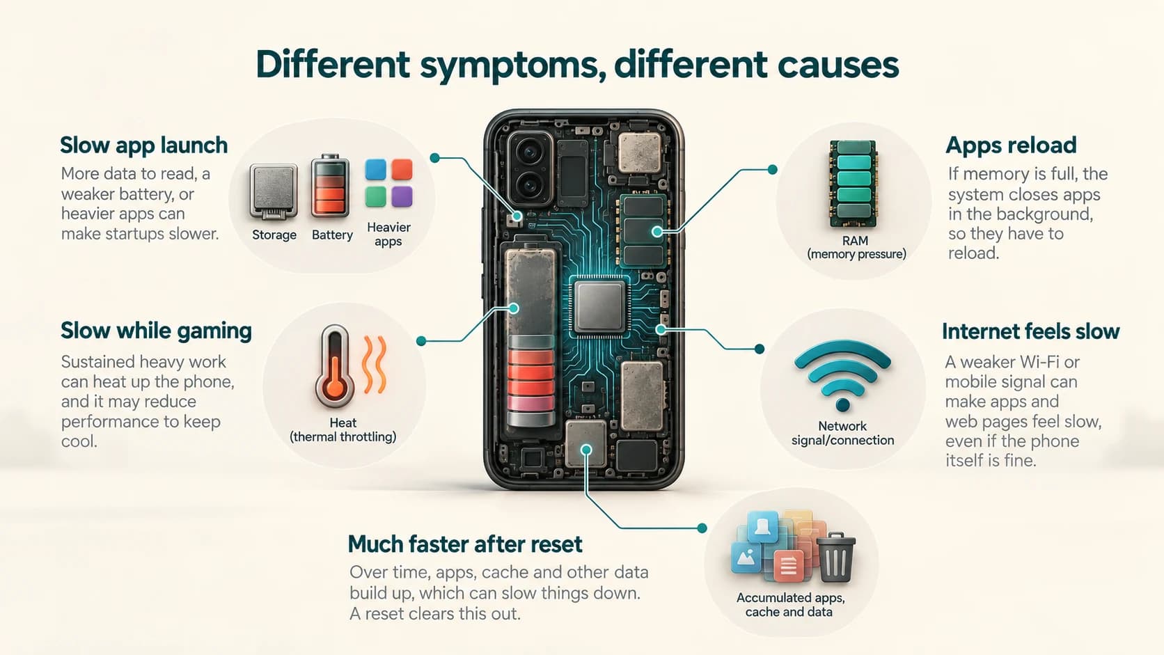 Phone slowdown diagnostic diagram connecting app delays, reloading, gaming slowdown and network delays to different possible causes