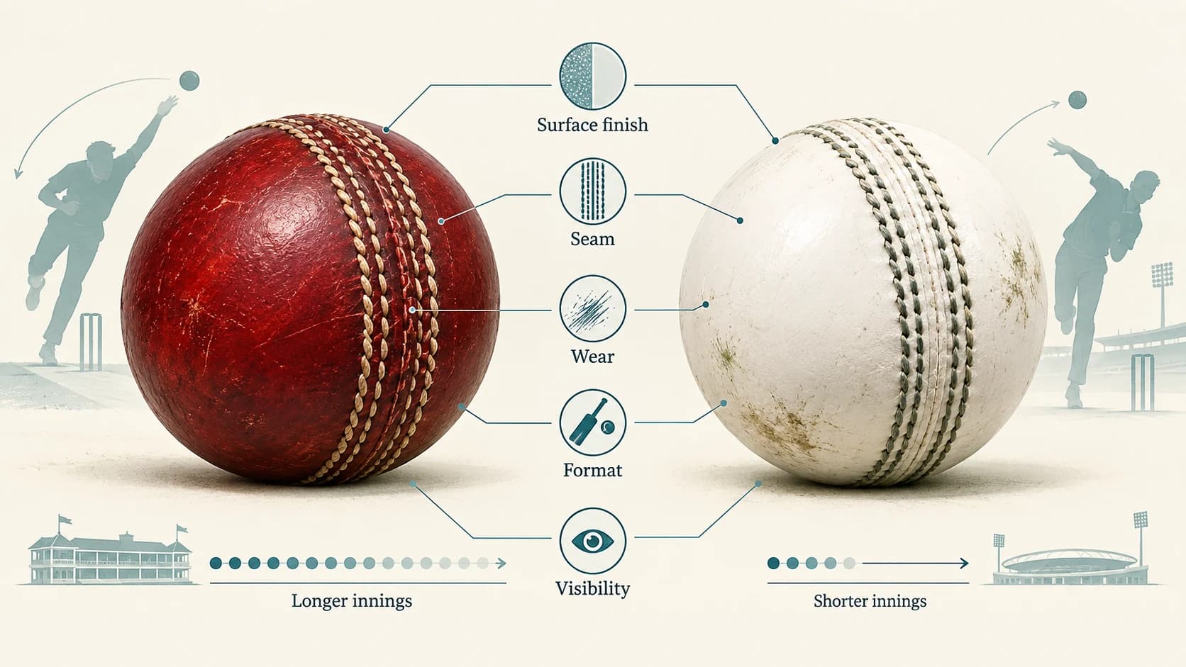 Red and white cricket balls compared through seam, surface finish, wear, match format and visibility rather than colour alone