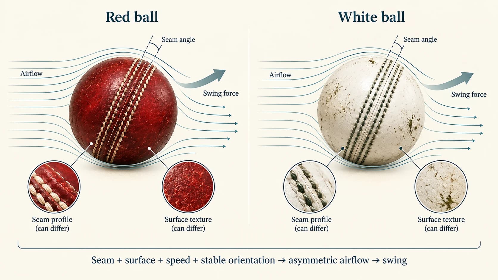Red and white cricket balls showing the same basic aerodynamic swing process with differences in seam and surface texture