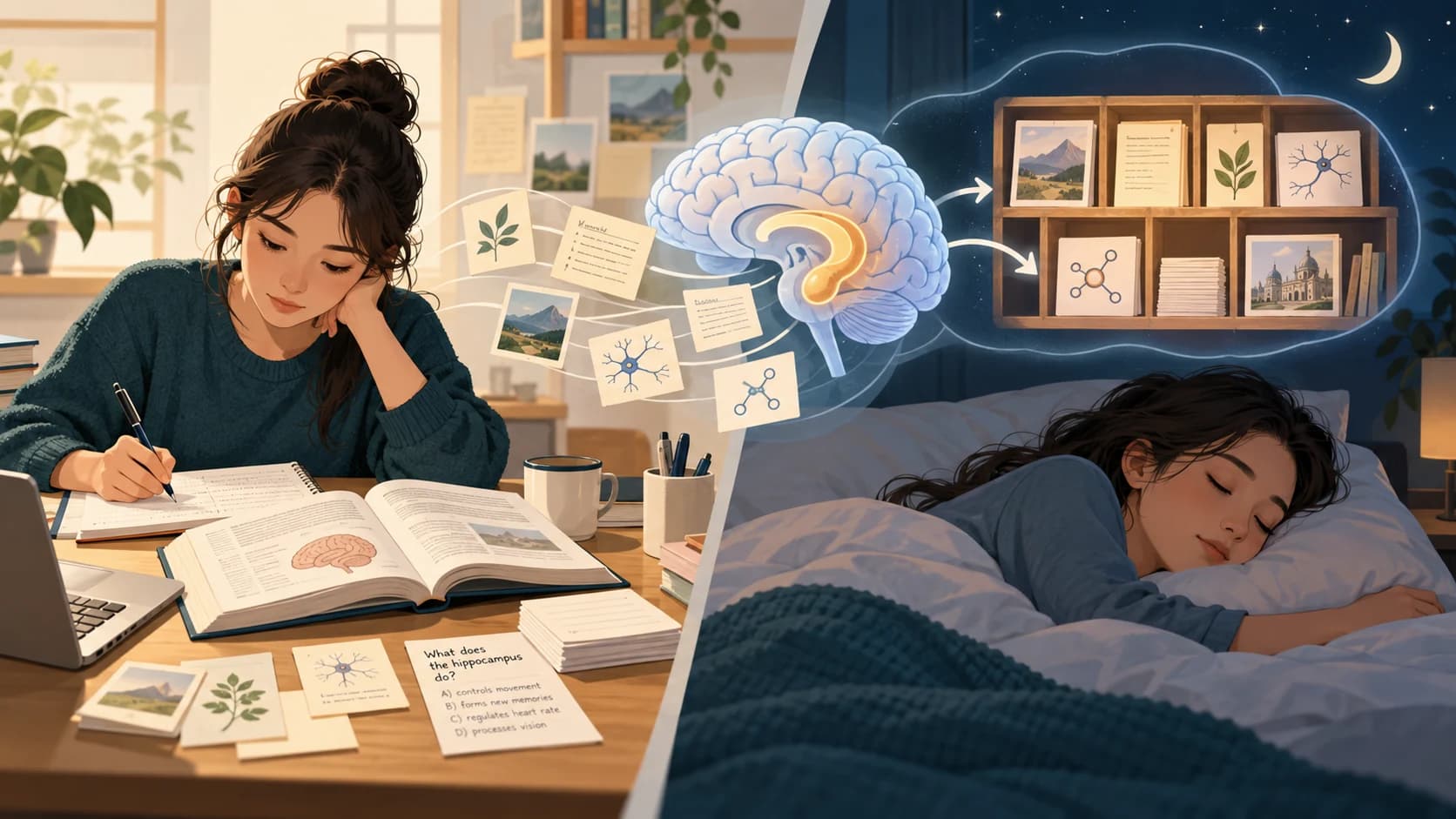 Illustration showing a student learning while awake and the brain reorganising newly learned information during sleep.