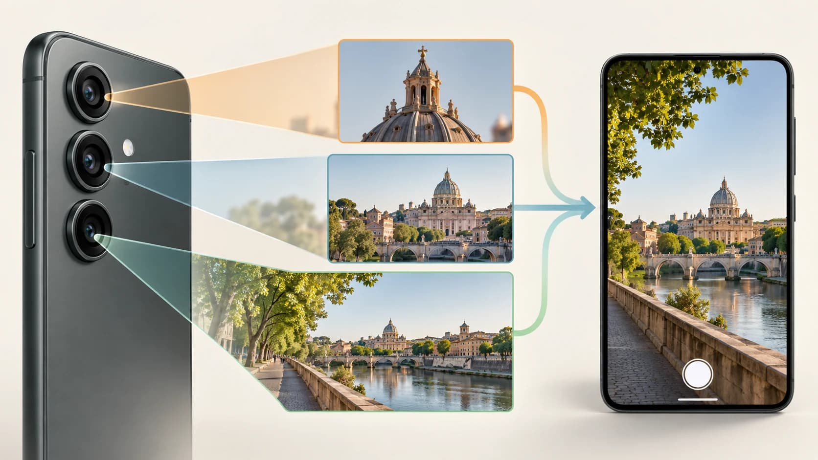 Smartphone ultrawide, main and telephoto cameras capturing different fields of view from the same scene