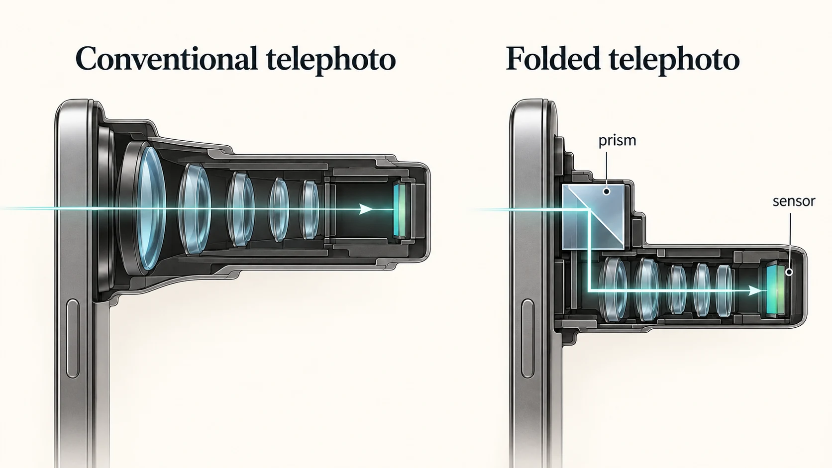 Comparison of conventional and folded smartphone telephoto camera optical paths