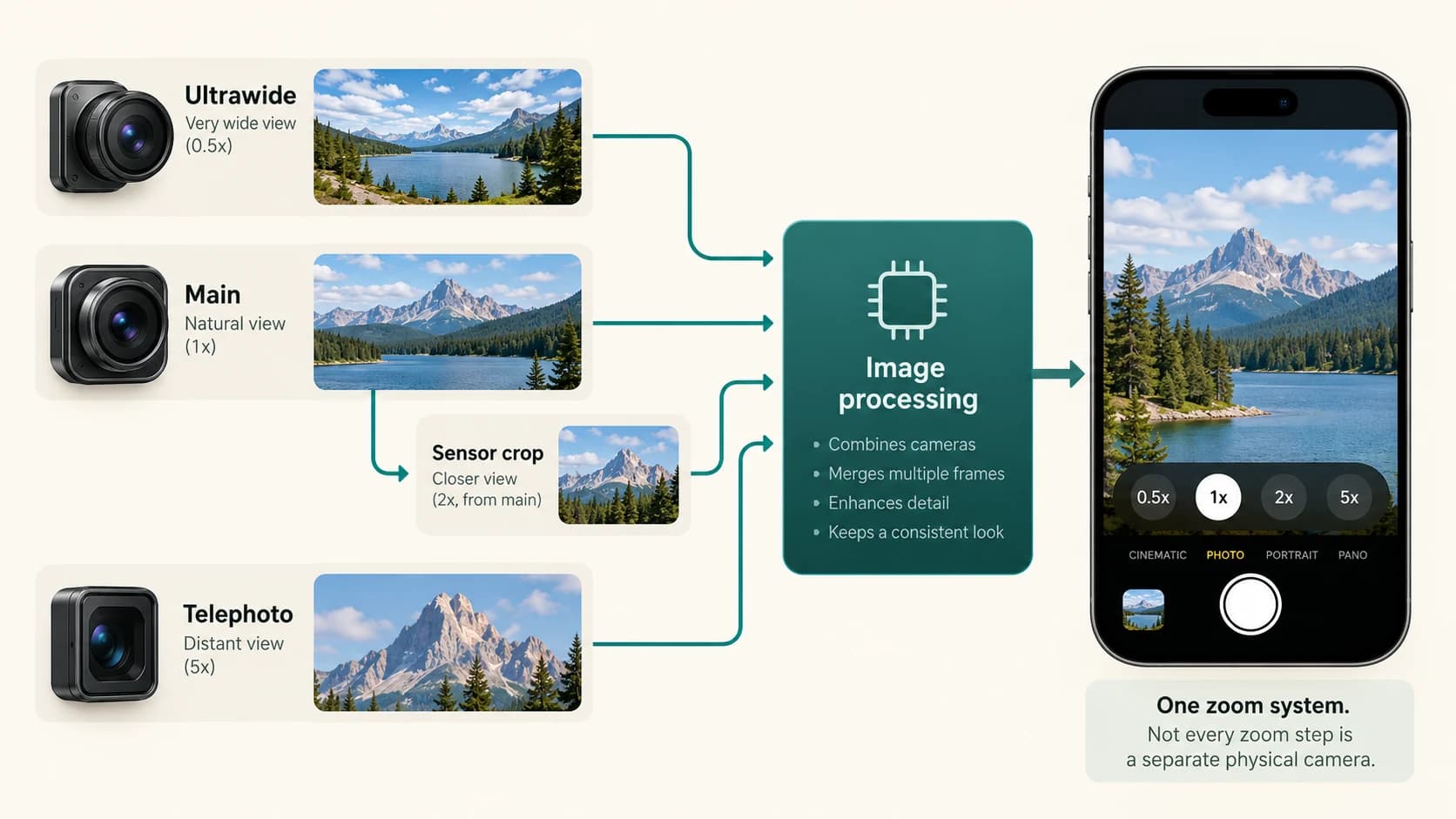 Smartphone camera system combining ultrawide, main, telephoto and sensor-crop views into one zoom interface