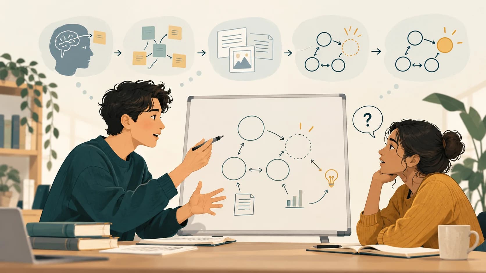 Illustration of a student teaching a concept to another person and discovering gaps while organising and explaining the idea.