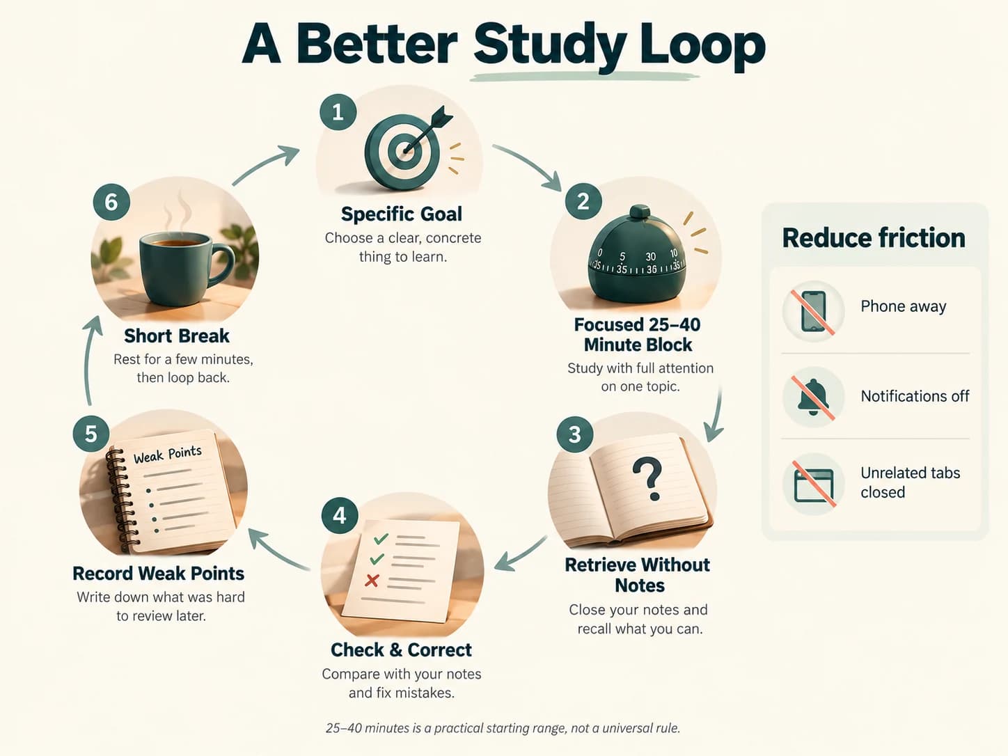 Study loop showing a specific goal, focused work period, retrieval practice, feedback, weak-point review and a short break.