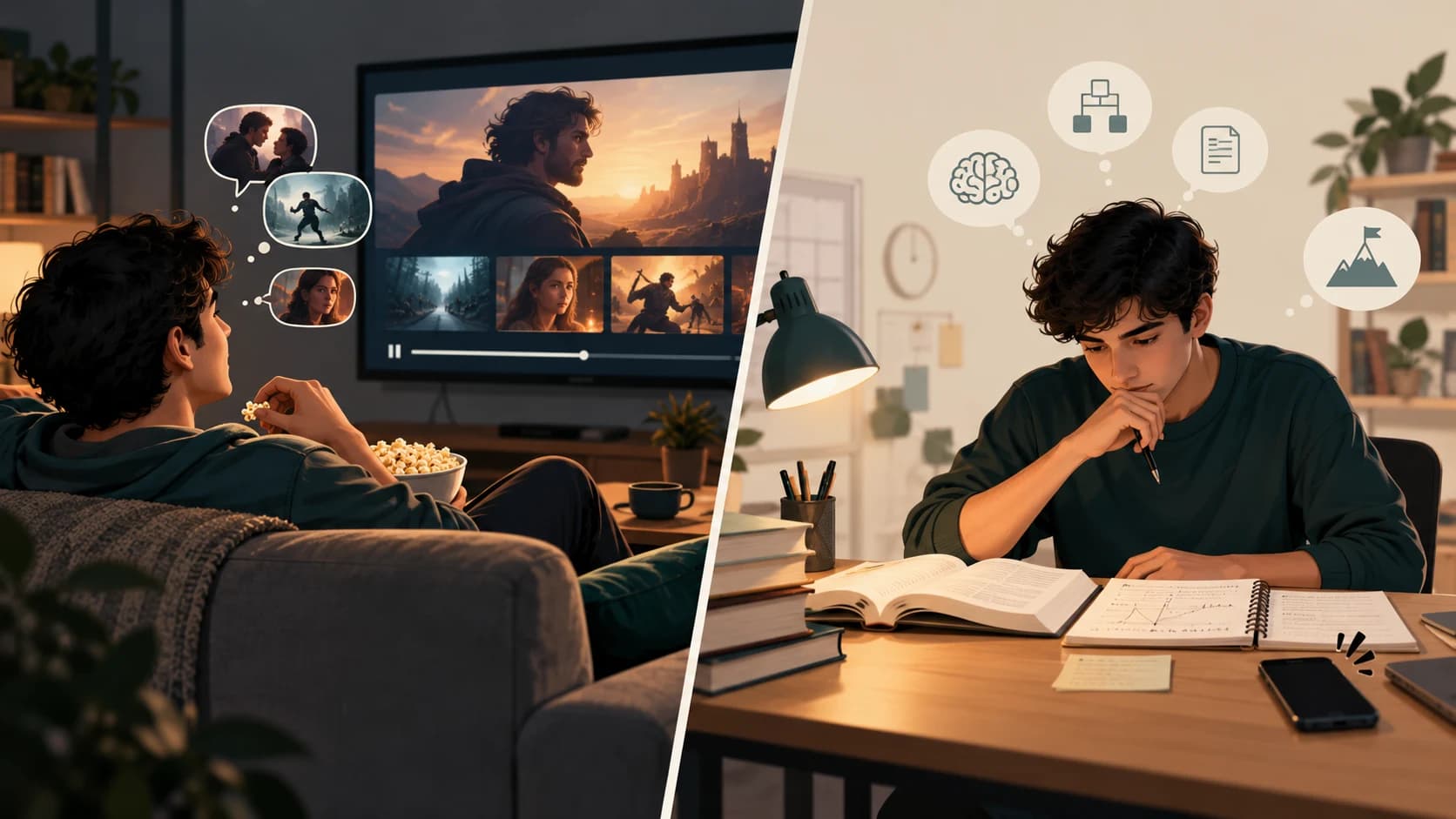 Illustration contrasting externally guided attention while watching a movie with effortful, self-directed attention while studying.