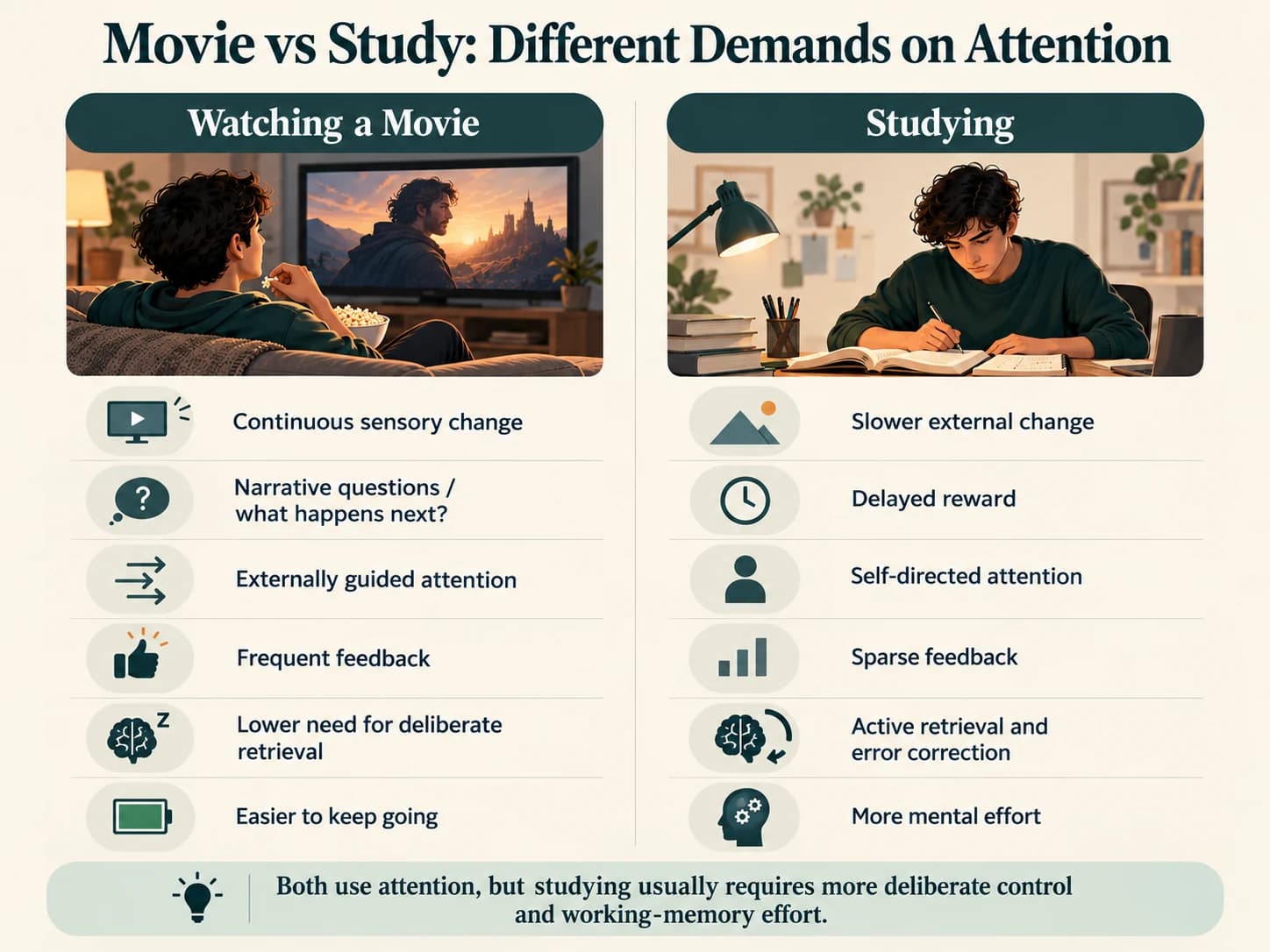 Comparison diagram showing how movies provide continuous external attention cues while studying requires more self-directed control, working memory and retrieval.