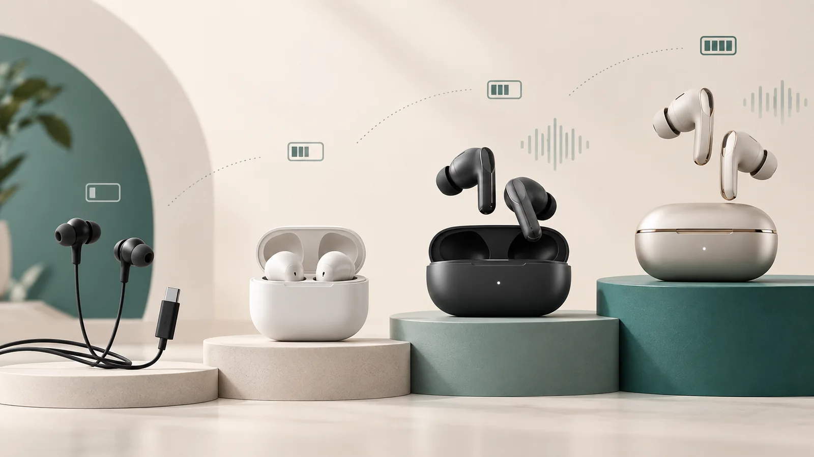 Wireless earbuds and earphones displayed for comparison
