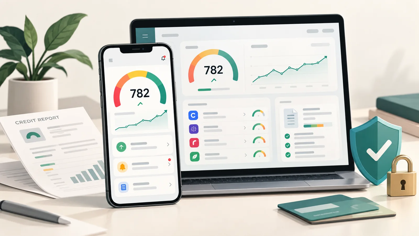Phone and laptop showing a credit score dashboard