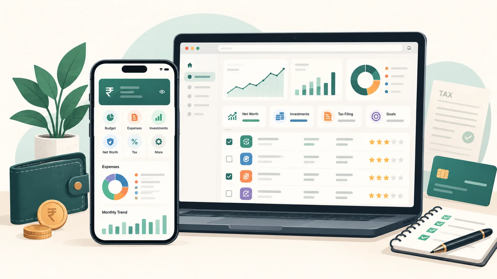 Personal finance dashboards displayed on a tablet and phone