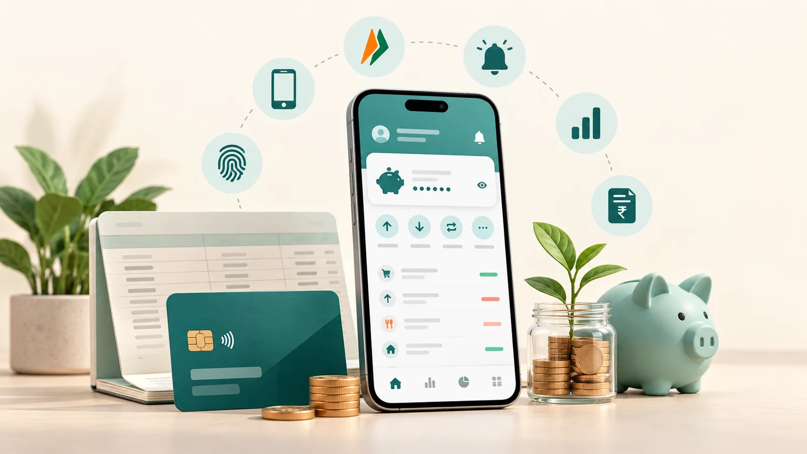 Mobile banking app beside a debit card and savings symbols