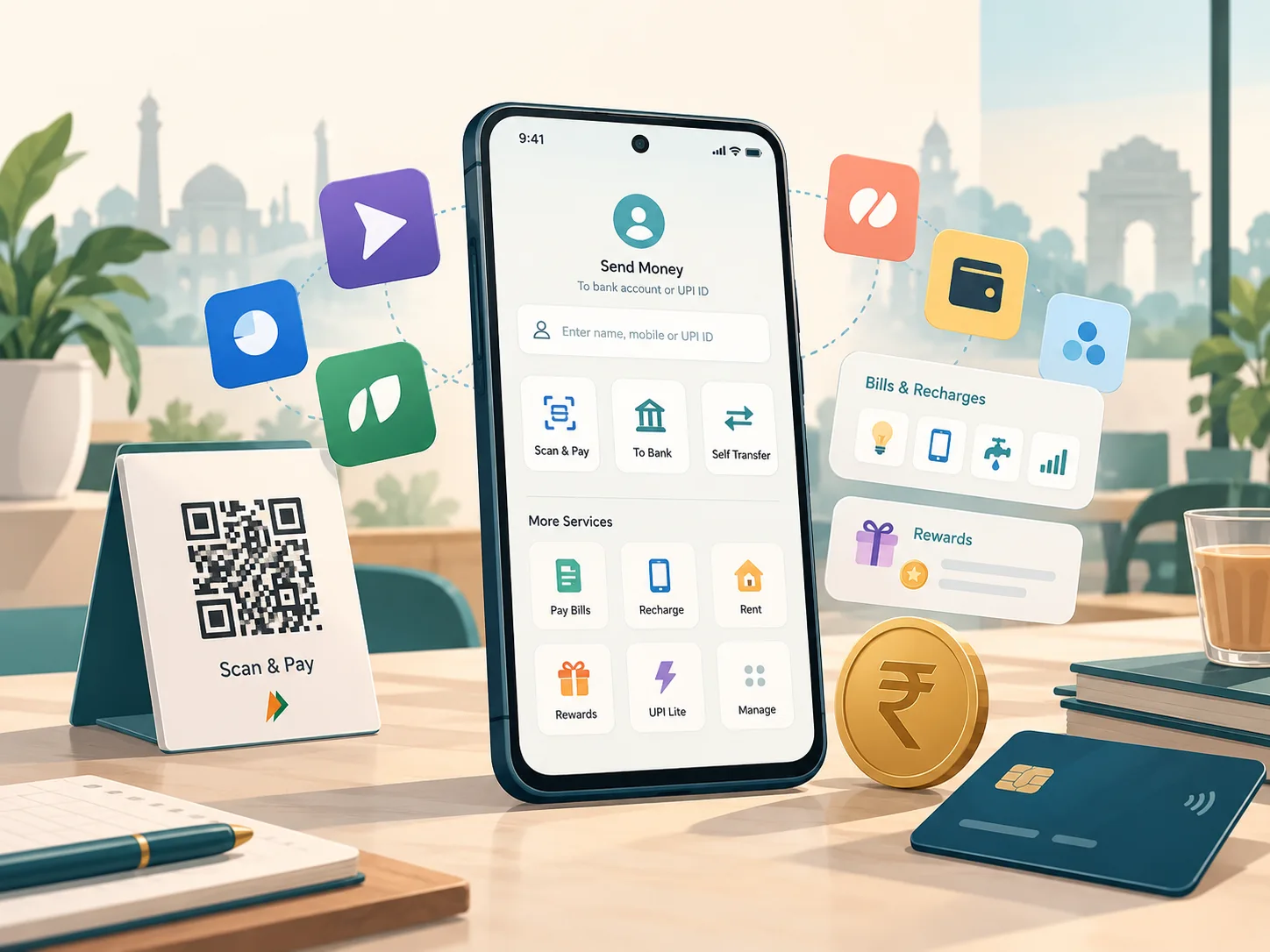 Smartphone showing UPI payment apps and a QR code