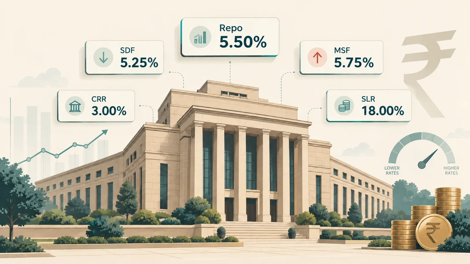 Central bank building with policy-rate charts