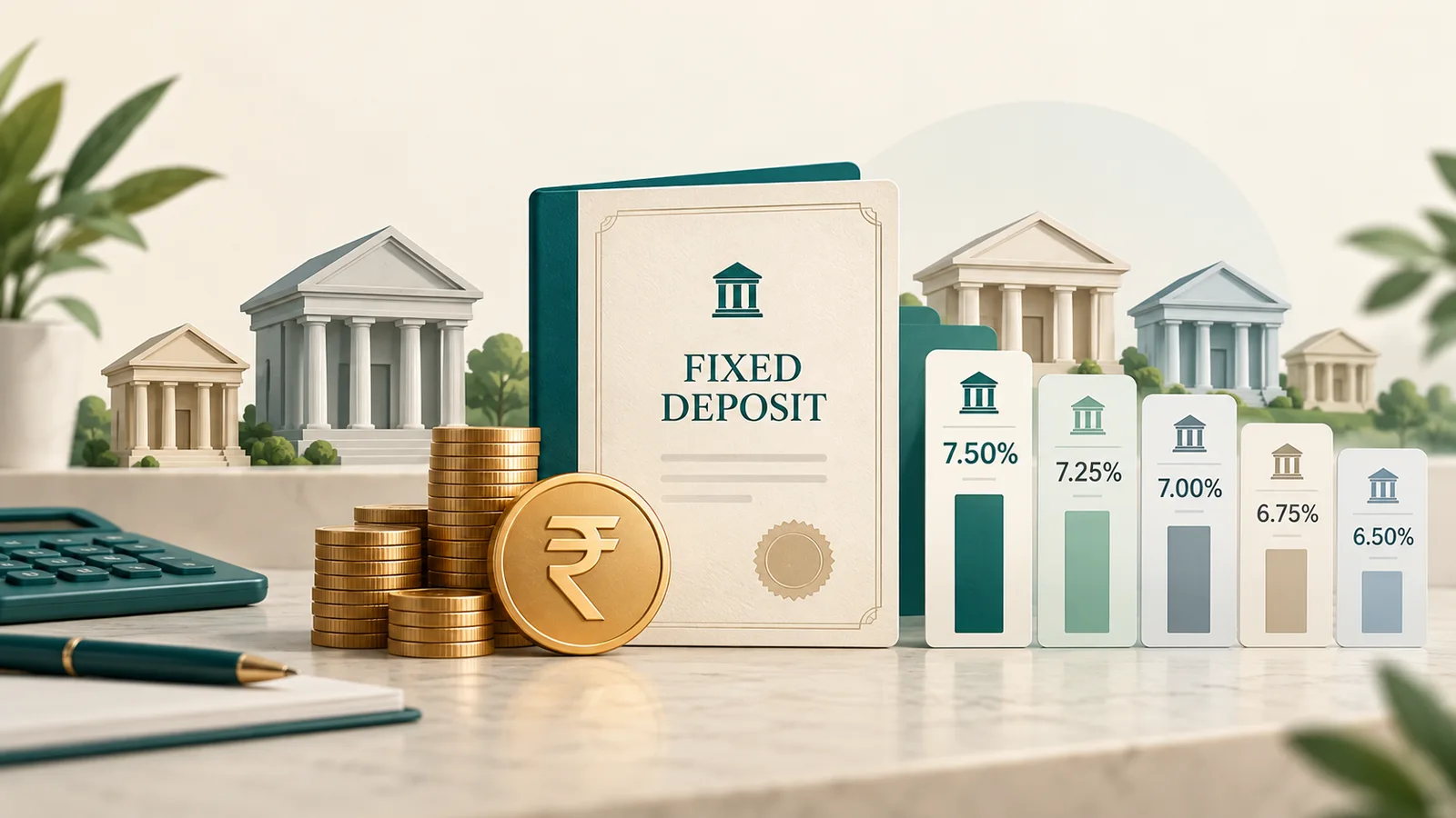 Bank buildings and rupee coins illustrating fixed deposit rates