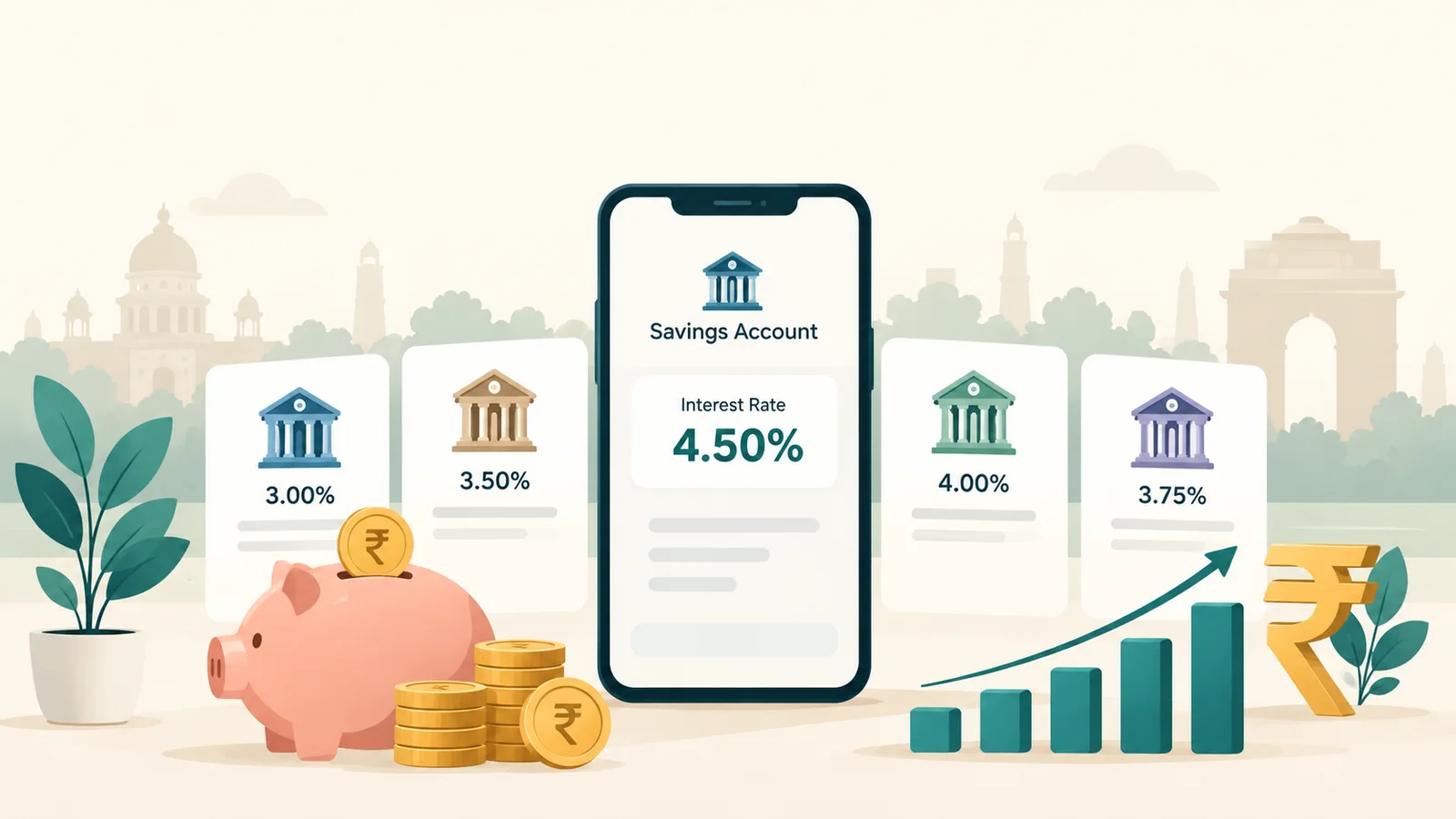 Banking app and bank icons illustrating savings interest rates