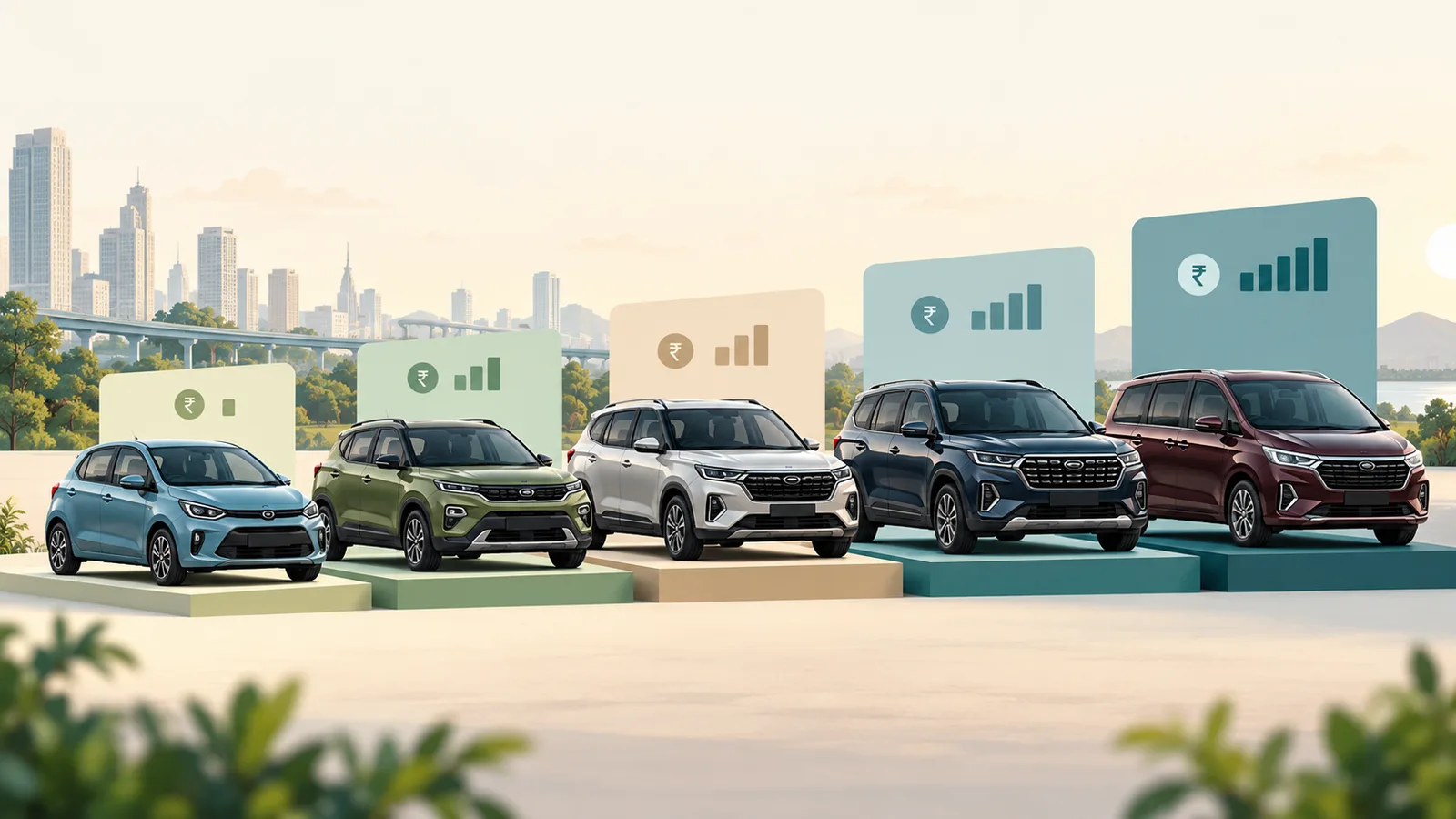 Lineup of different cars and SUVs arranged for comparison
