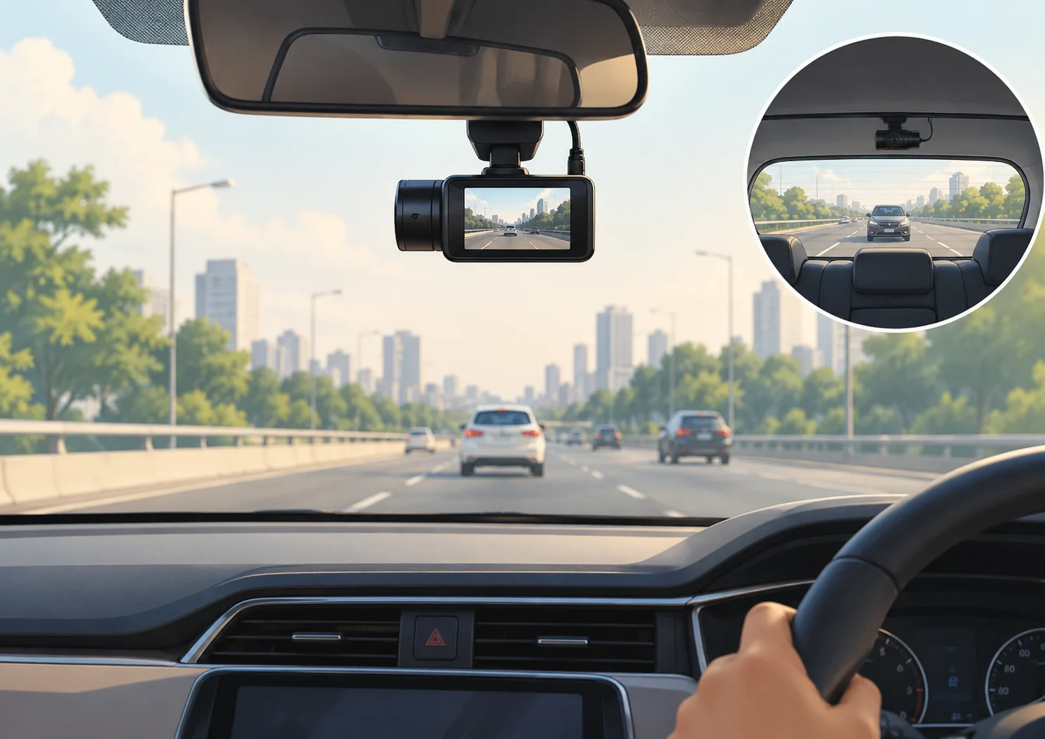 Dashcam mounted in a car recording the road ahead