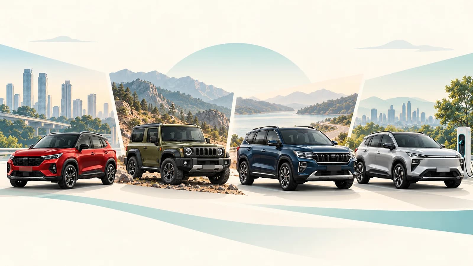 Lineup of different cars and SUVs arranged for comparison