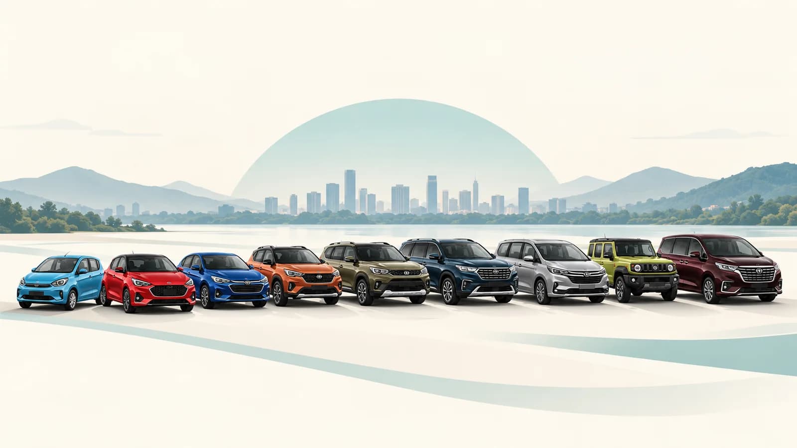 Lineup of different cars and SUVs arranged for comparison